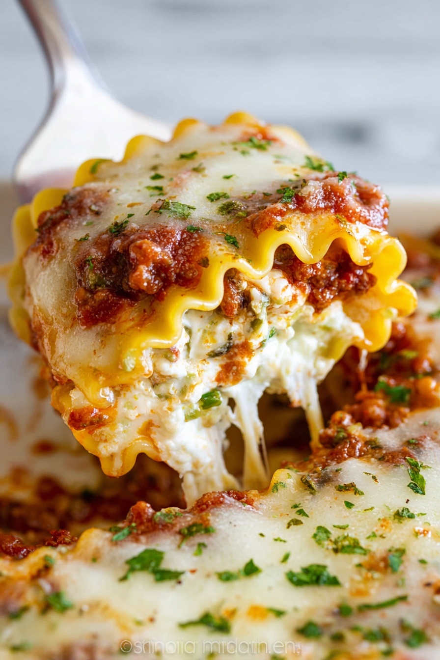 The image shows a close-up of a rolled lasagna with three visible layers: the outer pasta layer is yellow with wavy edges, the middle layer contains a red meat sauce with bits of ground meat and some melted cheese, and the inner layer has creamy white cheese mixed with small green herb pieces. The top is covered with a layer of melted white cheese that is slightly browned and bubbly, sprinkled lightly with green herbs. The lasagna is held by a white utensil, with a portion being lifted to show the stretchy melted cheese inside, all placed on a white marbled surface. photo taken with an iphone --ar 2:3 --v 7 - Cheesy Beef Lasagna Roll Ups, Italian roll ups, cheesy beef pasta, easy lasagna dish, family-friendly lasagna