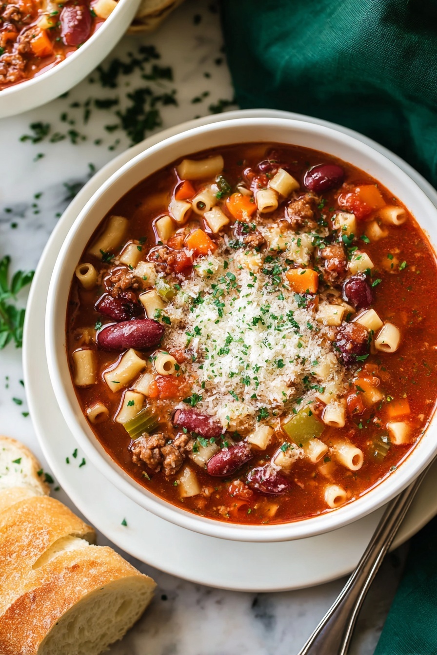 A white bowl filled with a thick red soup containing small tube pasta, red kidney beans, minced meat, and diced orange carrots and celery pieces. The soup is sprinkled with finely chopped fresh green herbs and a layer of grated white cheese on top. The bowl sits on a white plate with some green herb bits scattered around. Nearby are slices of a white baguette and a large silver spoon resting on the plate. The scene is set on a white marbled surface with a dark green cloth in the top right background. photo taken with an iphone --ar 2:3 --v 7 - Creamy Pasta e Fagioli Soup, Italian pasta and bean soup, hearty Italian bean soup, easy Pasta e Fagioli recipe, comforting Italian soup