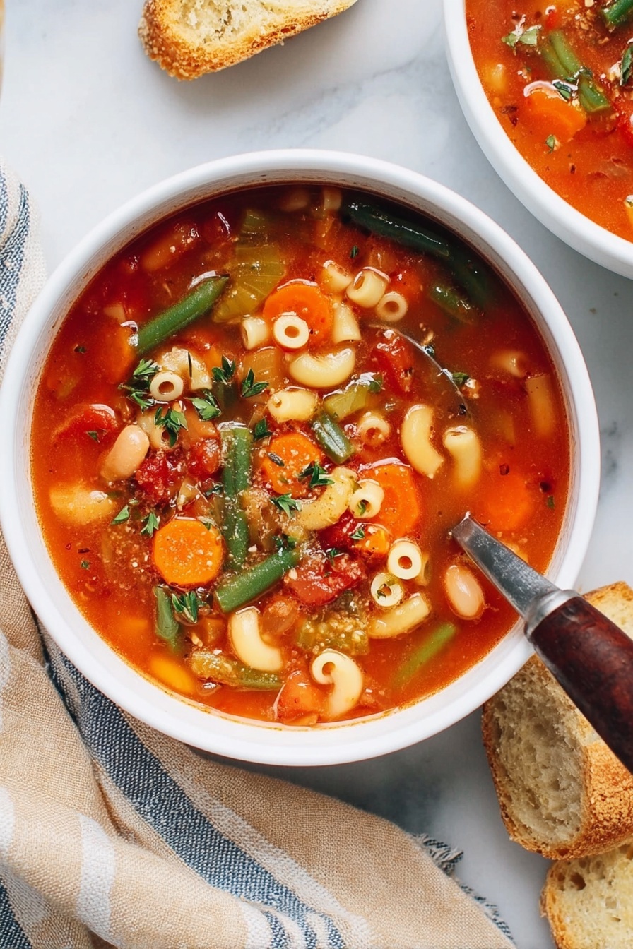 The image shows two white bowls filled with vegetable soup placed on a white marbled surface. Each bowl contains a bright red broth with visible layers of sliced orange carrots, green beans, small pasta rings, and white beans, with tiny green herbs sprinkled on top. A woman’s hand holds a spoon resting inside one of the bowls. Above the bowls, a large pot of the same soup is visible with a wooden spoon resting inside; the pot sits on the marbled surface next to a wooden board. On the board, there are two white garlic bulbs, a small wooden bowl with red chili flakes, another wooden bowl with chopped green herbs, and some sprigs of fresh parsley. Sliced white bread pieces are placed near the board, and a striped white and blue cloth lies casually next to the bowls. The photo taken with an iphone --ar 2:3 --v 7 - Hearty Vegetarian Minestrone Soup, vegetarian minestrone, healthy vegetable soup, easy vegetarian soup recipes, comforting veggie soup