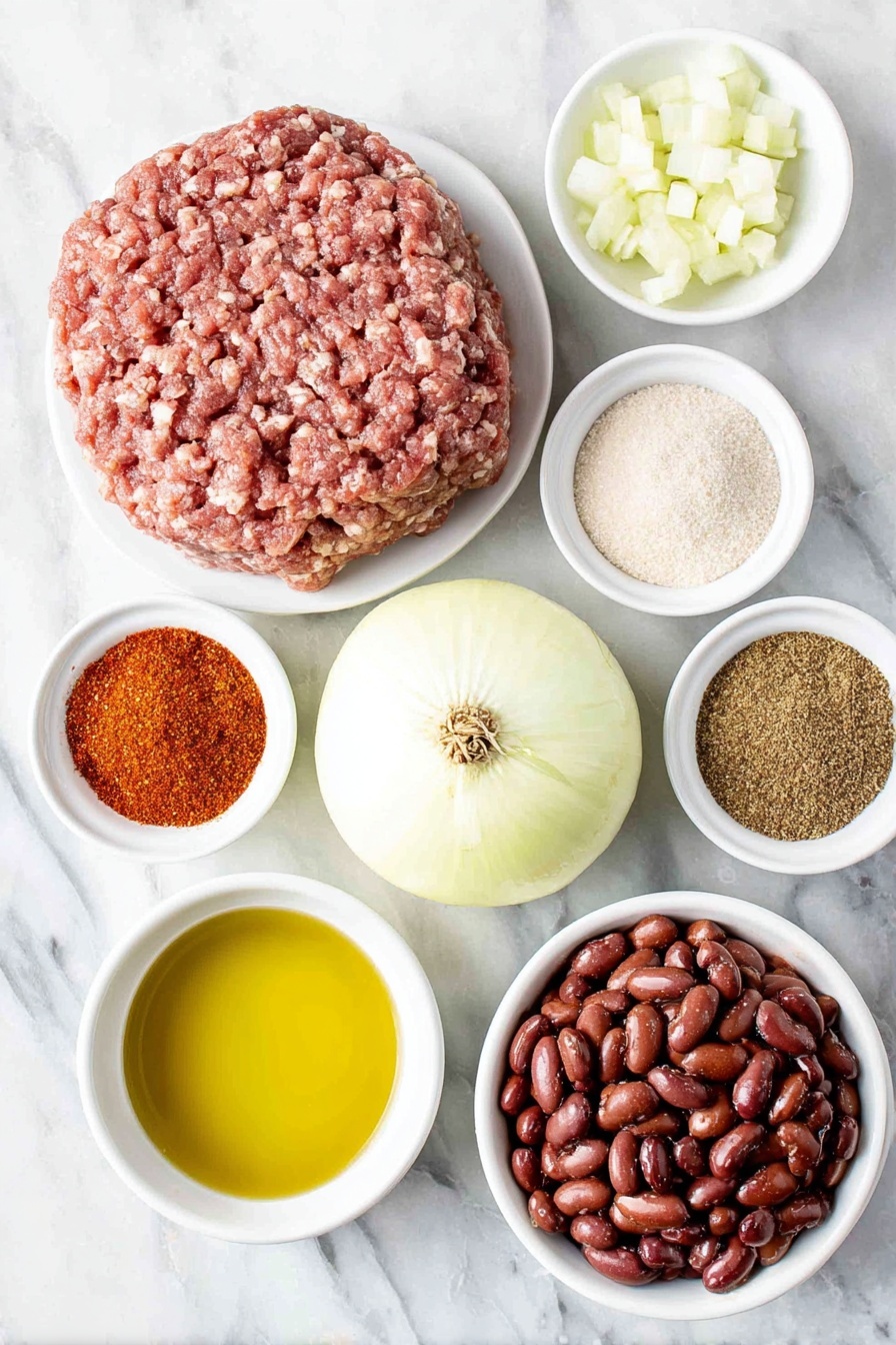 Flat lay of a small puddle of golden olive oil served in a simple white ceramic bowl, one whole small yellow onion with a few cubes diced next to it, a mound of fresh raw ground beef, three whole garlic bulbs, two small white ceramic bowls containing vibrant red chili powder and light brown cumin powder, two smaller white ceramic bowls with pale beige garlic powder and bright white salt crystals, a tiny pinch of bright red cayenne powder in a white ceramic bowl, a small white bowl holding vivid red diced fresh tomatoes, another white bowl with smooth bright red tomato paste, two separate white ceramic bowls filled with plump pinto beans and glossy dark red kidney beans, a small white bowl with clear golden honey, and a white bowl with rich brown beef broth, all ingredients arranged with perfect symmetry and realistic proportions, placed on a clean white marble surface, soft natural light, photo taken with an iPhone, professional food photography style, fresh ingredients, white ceramic bowls, no bottles, no duplicates, no utensils, no packaging --ar 2:3 --v 7 --p m7354615311229779997 - Easy Ground Beef Chili, hearty chili recipe, quick ground beef chili, flavorful beef chili, family-friendly chili