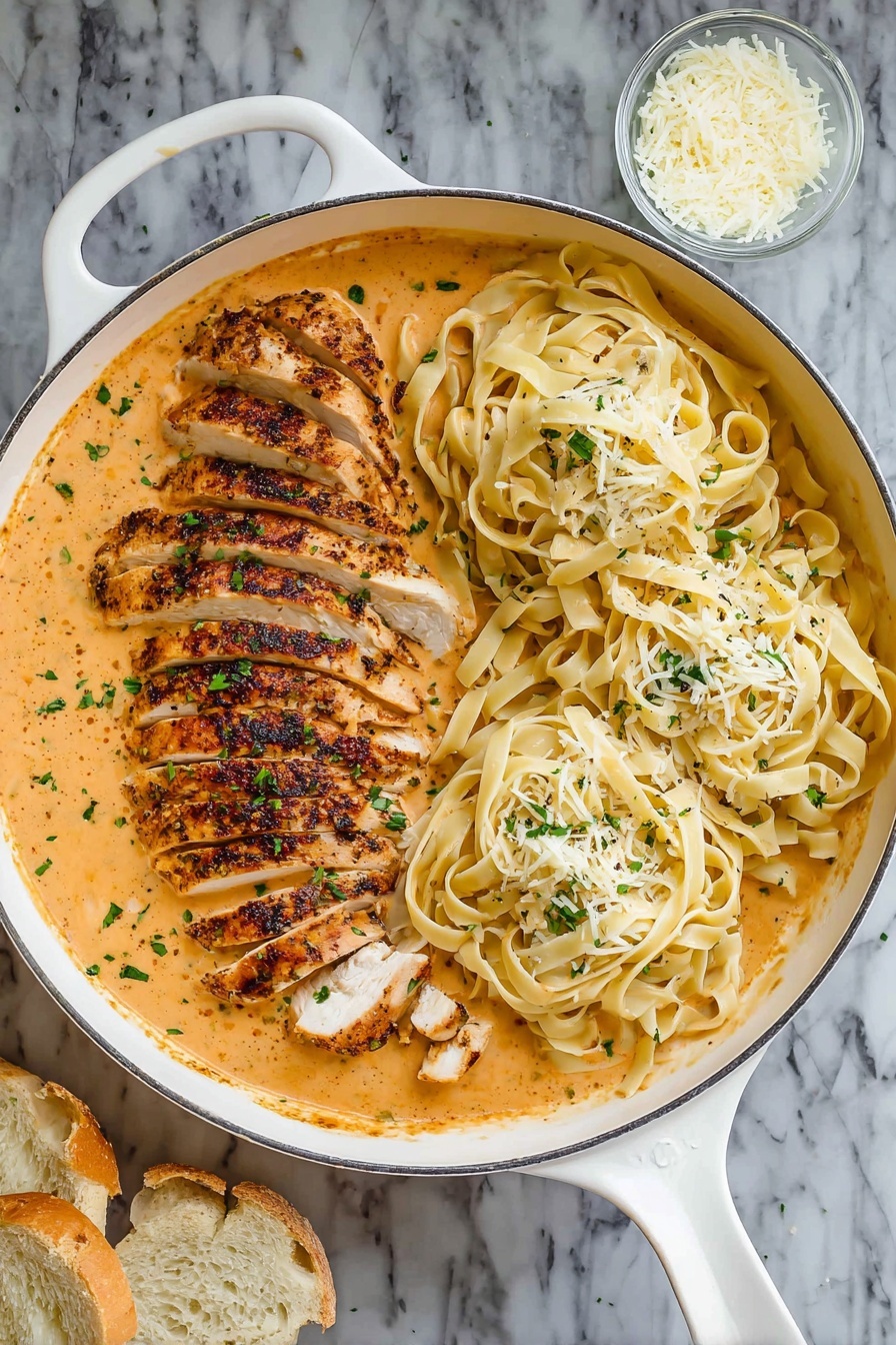 A close-up of a creamy pasta dish in a white bowl, showing three main layers: thick fettuccine noodles coated in a smooth, light beige sauce with small red flecks, golden-brown grilled chicken slices scattered on top with a slight char, and fresh green chopped parsley sprinkled evenly over everything. There are also thin white shavings of cheese scattered around the top, and a light dusting of black pepper is visible. The bowl rests on a white marbled surface. photo taken with an iphone --ar 2:3 --v 7 - Creamy Cajun Chicken Pasta, Cajun Chicken Pasta, Spicy Chicken Pasta, Easy Cajun Pasta Recipe, Creamy Pasta with Cajun Seasoning