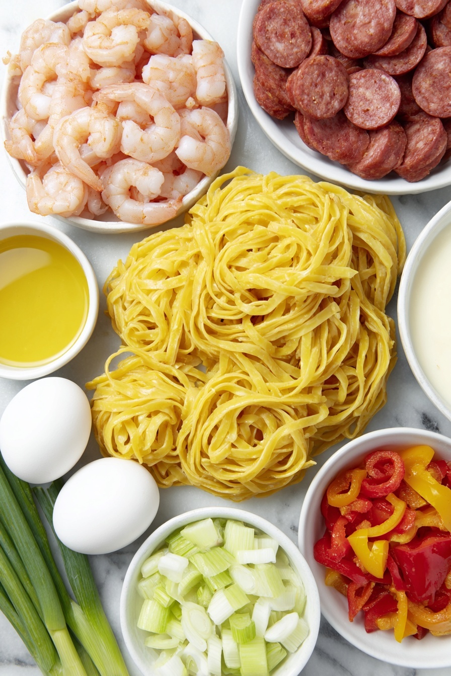 Flat lay of fresh linguine pasta nests, a pile of cleaned and deveined bright pink shrimp, thin slices of reddish-brown Andouille sausage, diced red and yellow bell peppers, diced white onion, diced celery stalks, a few whole green onions with vibrant green tops, a couple of whole brown eggs with clean shells, small white ceramic bowls containing golden olive oil, creamy heavy cream, deep reddish-brown Worcestershire sauce, and a light amber low sodium chicken stock, a small white bowl of reddish Cajun seasoning powder, all ingredients arranged symmetrically and balanced on a simple white ceramic plate, placed on a clean white marble surface, soft natural light, photo taken with an iPhone, professional food photography style, fresh ingredients, white ceramic bowls, no bottles, no duplicates, no utensils, no packaging --ar 2:3 --v 7 --p m7354615311229779997 - Cajun Shrimp and Sausage Pasta, Cajun Shrimp Pasta, Spicy Cajun Pasta, Creamy Shrimp and Sausage Pasta, Easy Cajun Pasta