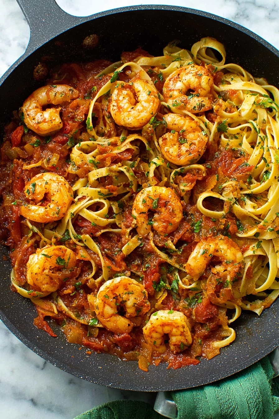 The image shows a white bowl filled with pasta and shrimp. The pasta is light yellow and soft-looking, with a few pieces twisted and layered all over. On top, there are five shrimp, cooked to a golden orange color with a slightly crispy texture. Small pieces of red tomato and green herbs are mixed in among the pasta, adding bright color spots. A silver fork is placed inside the bowl, with its handle pointing outwards. The bowl sits on a white marbled surface with small red chili flakes scattered around. Photo taken with an iphone --ar 2:3 --v 7 - Spicy Shrimp Fra Diavolo Pasta, seafood pasta with spicy tomato sauce, easy shrimp pasta recipes, quick Italian seafood dishes, flavorful shrimp pasta