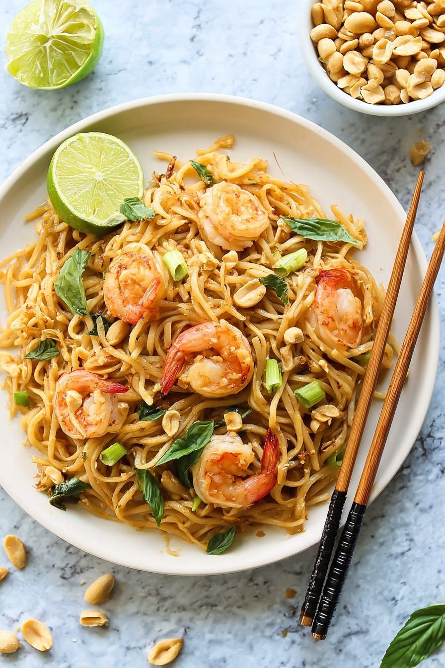 A white plate sits on a white marbled surface, filled with a mix of light beige noodles and bright pink cooked shrimp that have a slightly shiny texture. Scattered throughout the noodles are fresh green leaves and green onion pieces, adding vibrant splashes of color. On one side of the plate, a wedge of lime with a bright green skin and juicy, pale green inside leans against the noodles. Light brown crushed nuts are sprinkled over the dish, adding texture. Brown chopsticks with black tips rest across the right side of the plate. Nearby, a small white bowl holds more whole peanuts. A few lime wedges and green leaves are placed on the white marbled surface, enhancing the fresh look of the scene. Photo taken with an iphone --ar 2:3 --v 7 - Easy Shrimp Pad Thai, Shrimp Pad Thai recipe, quick Pad Thai, healthy shrimp stir-fry, authentic Thai Pad Thai