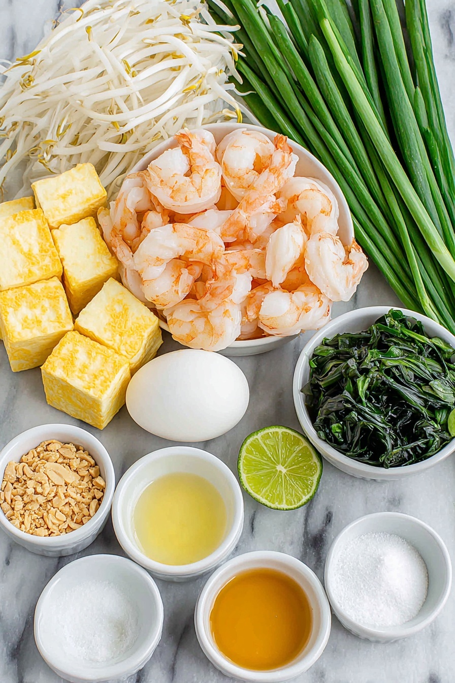 Flat lay of fresh medium-width rice noodles arranged in gentle folds, a small white ceramic bowl of dark tamarind concentrate, a small white bowl filled with light golden palm sugar crystals, a small white bowl containing moist brown sugar, a small white bowl with clear fish sauce, a small white bowl of water, thinly sliced raw chicken breast pieces neatly fanned out, a small white bowl of oyster sauce, several whole garlic cloves with papery skins intact, two whole shallots with purplish skin, four whole brown eggs with clean shells, firm white tofu cubes stacked neatly, fresh green onions cut into 2-inch pieces arranged in a bundle, a small pile of crisp fresh bean sprouts, a small white bowl with chopped bright orange preserved radish, a small white bowl of crushed peanuts, fresh lime wedges showing vibrant green skin and juicy interior, and a small white bowl with dried Thai red chili flakes — all placed on a clean white marble surface, soft natural light, photo taken with an iPhone, professional food photography style, fresh ingredients, white ceramic bowls, no bottles, no duplicates, no utensils, no packaging --ar 2:3 --v 7 --p m7354615311229779997 - Easy Chicken Pad Thai, Chicken Pad Thai, Thai noodle stir-fry, quick Thai recipes, homemade Pad Thai