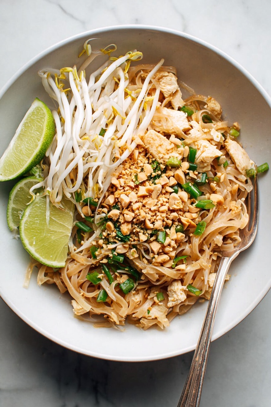 In a black cast iron pan filled with steaming noodle dish, there is one main layer of light brown flat noodles mixed with small pieces of cooked light brown chicken. On top of the noodles, there are scattered thin green strips of green onion and white bean sprouts with yellow tips. The noodles and toppings have a slightly shiny texture, showing they are freshly cooked. The pan is placed on a white marbled surface with soft natural light coming from the side, casting gentle shadows around. Photo taken with an iphone --ar 2:3 --v 7 - Easy Chicken Pad Thai, Chicken Pad Thai, Thai noodle stir-fry, quick Thai recipes, homemade Pad Thai