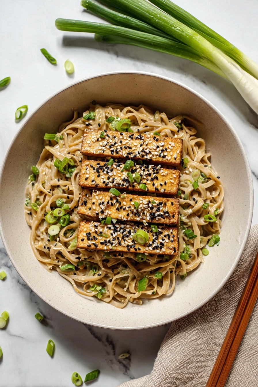 The image shows a close-up of a bowl with three layers. The bottom layer is thick, light tan noodles with a creamy sauce, speckled with tiny black and white seeds. On top of the noodles, there are golden-brown rectangular tofu pieces sprinkled with white and black sesame seeds and chopped green onions. At the top, a pair of wooden chopsticks held by a woman's hand lifts some noodles, with a few green onion slices stuck to the chopsticks. The bowl is white, and the background surface has a white marbled texture. photo taken with an iphone --ar 2:3 --v 7 - Peanut Udon Noodles, quick udon noodle recipe, Asian-inspired peanut noodles, savory noodle dishes, easy weeknight meals