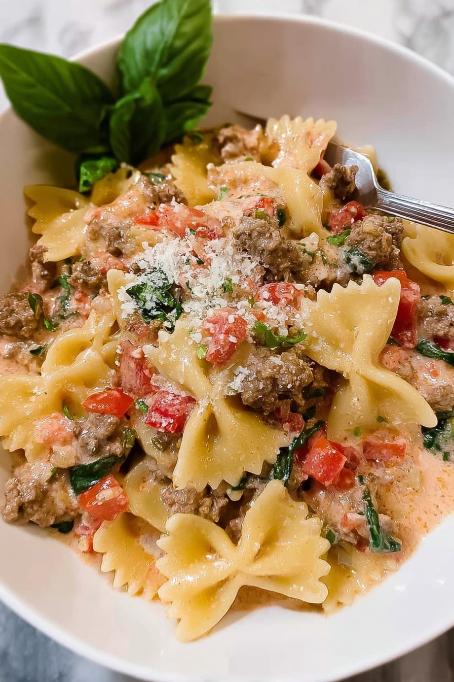 This image shows a black frying pan with creamy pasta inside. The pasta is bow-tie shaped with a light yellow color. Mixed in are small pieces of cooked ground meat, soft diced red tomatoes, and chopped green herbs scattered on top. The creamy sauce looks smooth and light orange, covering the pasta and ingredients evenly. The pan sits on a stove with visible black grates and control knobs in the background. Photo taken with an iphone --ar 2:3 --v 7 - Creamy Italian Sausage Bow Tie Pasta, Italian sausage pasta recipes, easy creamy pasta dishes, comforting weeknight dinner ideas, flavorful pasta recipes