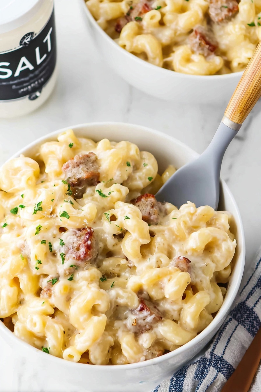 A white bowl filled with creamy macaroni and cheese mixed with small pieces of browned sausage, topped with scattered small green parsley leaves. The pasta is pale yellow with a smooth, creamy texture and the sausage pieces are a light brown. In the background, two more white bowls with the same dish are partially visible on a white marbled surface, along with a white salt shaker and a wooden board with shredded cheese. A blue and white striped cloth is partly seen at the bottom left, and fresh green parsley rests on the bottom right. photo taken with an iphone --ar 2:3 --v 7 - Creamy Sausage Mac and Cheese, easy sausage mac and cheese, cheesy sausage pasta, comfort food recipes, family favorite pasta dishes