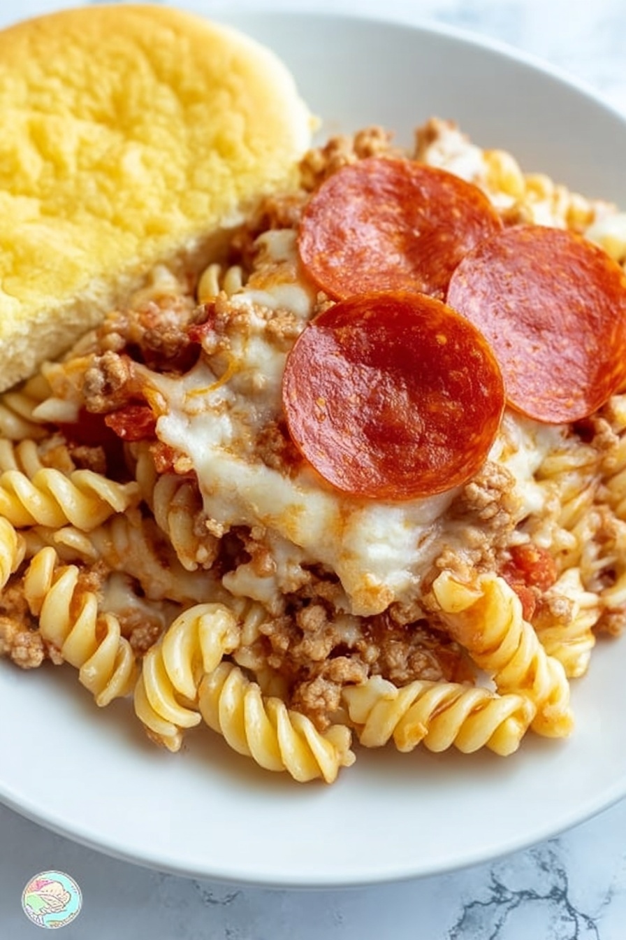 A white square dish filled with a baked pasta casserole. The bottom layer consists of rotini pasta mixed with a brown meat sauce, visible through patches of melted white cheese on top. The top layer is covered with evenly spaced, round, red pepperoni slices that have a shiny, slightly oily texture. The dish sits on a white marbled surface, with a bunch of fresh green parsley blurred in the background. Photo taken with an iphone --ar 2:3 --v 7 - Easy Baked Pizza Pasta, baked pizza pasta, pizza pasta casserole, cheesy baked pasta, quick weeknight dinner