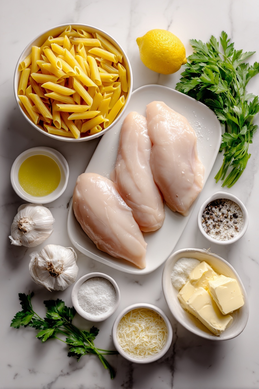 Flat lay of dried farfalle pasta, two whole chicken breasts, small white bowl of olive oil, three whole garlic cloves, small white bowl of heavy cream, small white bowl of freshly squeezed lemon juice, small white bowl of grated parmesan cheese, small white bowl of butter, fresh sprigs of chopped parsley, fresh lemon with visible zest, salt and pepper in small white bowls, placed on a clean white marble surface, soft natural light, photo taken with an iPhone, professional food photography style, fresh ingredients, white ceramic bowls, no bottles, no duplicates, no utensils, no packaging --ar 2:3 --v 7 --p m7354615311229779997 - Creamy Lemon Chicken Pasta, Lemon Chicken Pasta, Easy Pasta Dinner, Quick Chicken Pasta, Zesty Creamy Pasta