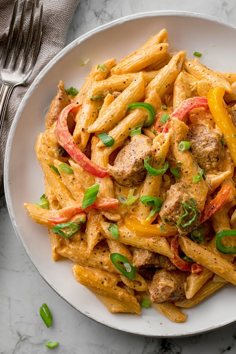 A white plate filled with penne pasta covered in a creamy orange sauce with visible black pepper specks. Among the pasta are chunks of cooked meat with a light brown color and a slightly textured surface. Thin red and yellow bell pepper strips are layered throughout, adding bright color contrasts. Sliced green chili rounds and chopped green onions are scattered on top, giving fresh green highlights. The plate rests on a white marbled surface with a silver fork placed nearby. Photo taken with an iphone --ar 2:3 --v 7 - Buffalo Chicken Pasta, easy buffalo chicken pasta, spicy chicken pasta recipe, quick buffalo chicken dinner, creamy buffalo pasta