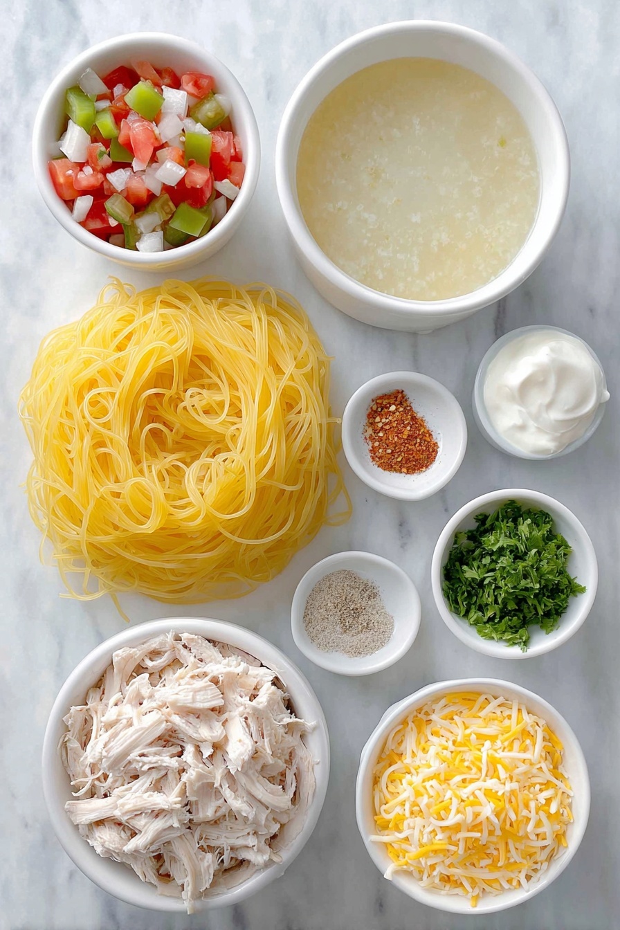 Flat lay of dry spaghetti pasta nest, two cans of cream of chicken soup opened with creamy soup visible, a small white bowl of diced fresh red and green tomatoes with jalapeños (representing Rotel), a small white bowl of thick sour cream, a small white bowl of clear chicken broth, a small white bowl filled with shredded Mexican cheese blend, a small white bowl of mixed garlic powder and onion powder, a small white bowl containing coarse salt and black pepper, a small white bowl with crushed red pepper flakes, a small pile of shredded rotisserie chicken breast, and a small white ceramic dish with freshly chopped parsley, all arranged symmetrically and proportionately on a clean white marble surface, soft natural light, photo taken with an iPhone, professional food photography style, fresh ingredients, white ceramic bowls, no bottles, no duplicates, no utensils, no packaging --ar 2:3 --v 7 --p m7354615311229779997 - Cheesy Chicken Spaghetti Bake, creamy chicken pasta casserole, cheesy chicken pasta bake, easy weeknight dinner, comfort food recipes