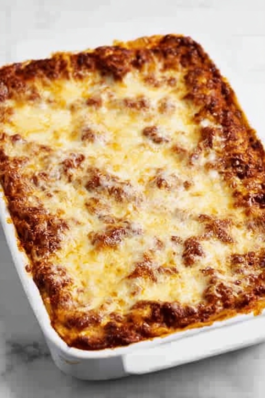 The image shows a white rectangular baking dish filled with a baked lasagna. The top layer is covered in melted cheese that is golden brown and slightly crispy in some spots. Underneath the cheese, a rich tomato meat sauce is visible around the edges where the cheese has bubbled and spread. The lasagna is thick with several layers of pasta, sauce, and cheese stacked closely together. The dish sits on a white marbled surface, creating a clean and simple background. Photo taken with an iphone --ar 2:3 --v 7 - Cheesy Baked Spaghetti Casserole, Baked spaghetti casserole, cheesy spaghetti bake, creamy spaghetti casserole, easy spaghetti casserole