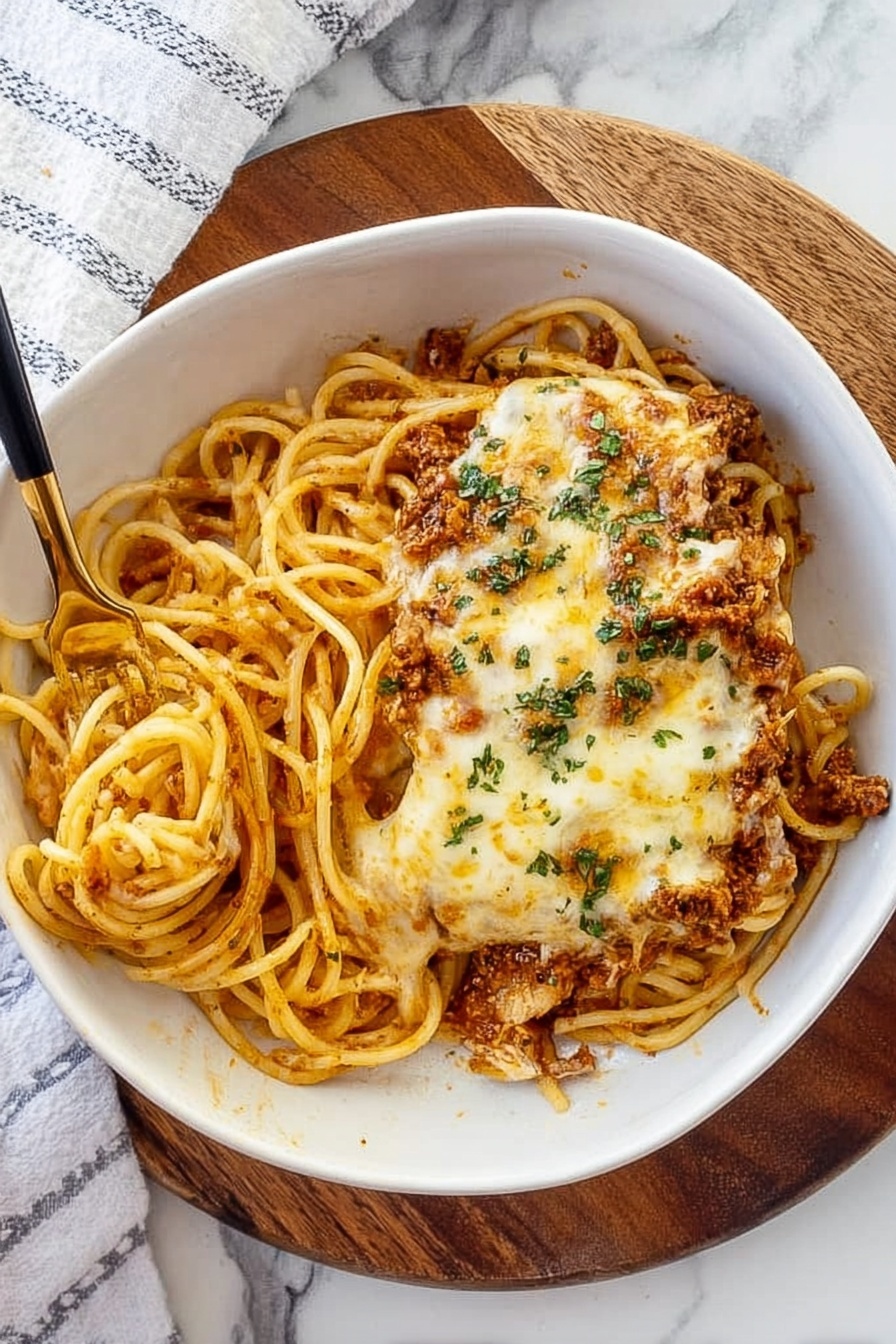A white bowl filled with two main layers, the bottom layer is a serving of thick spaghetti noodles in a light orange sauce mixed with crumbled brown meat scattered throughout. The top layer is a rectangular piece of chicken covered with bubbly, browned melted cheese and sauce dripping over the edges. The dish is sprinkled thinly with chopped green herbs for color. A gold fork with a dark handle rests on the bottom left edge of the bowl with a woman's hand holding it. The bowl is placed on a wooden board, and the background is a white marbled surface with a white and gray striped cloth partially visible. Photo taken with an iphone --ar 2:3 --v 7 - Cheesy Baked Spaghetti Casserole, Baked spaghetti casserole, cheesy spaghetti bake, creamy spaghetti casserole, easy spaghetti casserole