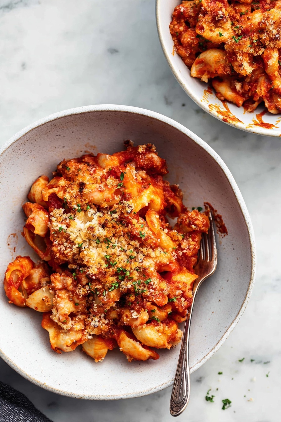 The image shows two white bowls of baked pasta on a white marbled surface, each filled with a layered dish made from curved pasta coated in a thick red tomato sauce. The pasta layer is mixed with melted cheese that peeks through in some spots, topped with a golden crumbly layer, likely toasted breadcrumbs, and sprinkled with finely chopped green herbs. A silver fork rests inside the front bowl, with some sauce on its tines, and a woman's hand gently holding a utensil is partially visible in the upper right corner. Small bits of herbs are scattered on the white marbled surface around the bowls. Photo taken with an iphone --ar 2:3 --v 7 - One-Pot Chicken Parmesan Pasta, easy chicken parmesan dinner, quick Italian pasta recipe, weeknight chicken pasta, hassle-free chicken parmesan