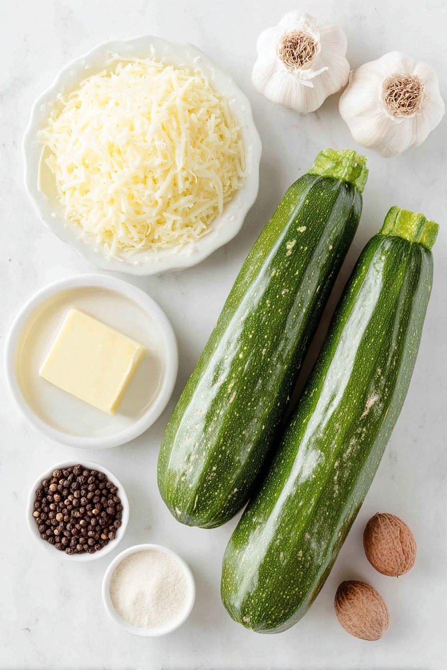 Flat lay of three fresh medium zucchini, a small pat of unsalted butter on a white ceramic plate, two whole uncracked garlic cloves, a small white bowl of grated parmesan cheese, a small white bowl of heavy cream, a small white bowl of unsweetened almond milk, a whole nutmeg seed beside a small white bowl with ground nutmeg powder, a small white bowl with a white powder of arrowroot powder, and a small white bowl containing whole black peppercorns, all arranged symmetrically and naturally, placed on a clean white marble surface, soft natural light, photo taken with an iPhone, professional food photography style, fresh ingredients, white ceramic bowls, no bottles, no duplicates, no utensils, no packaging --ar 2:3 --v 7 --p m7354615311229779997 - Zucchini Alfredo, Low-Carb Dinner, Healthy Pasta Alternatives, Gluten-Free Zucchini Noodles, Creamy Vegetable Alfredo