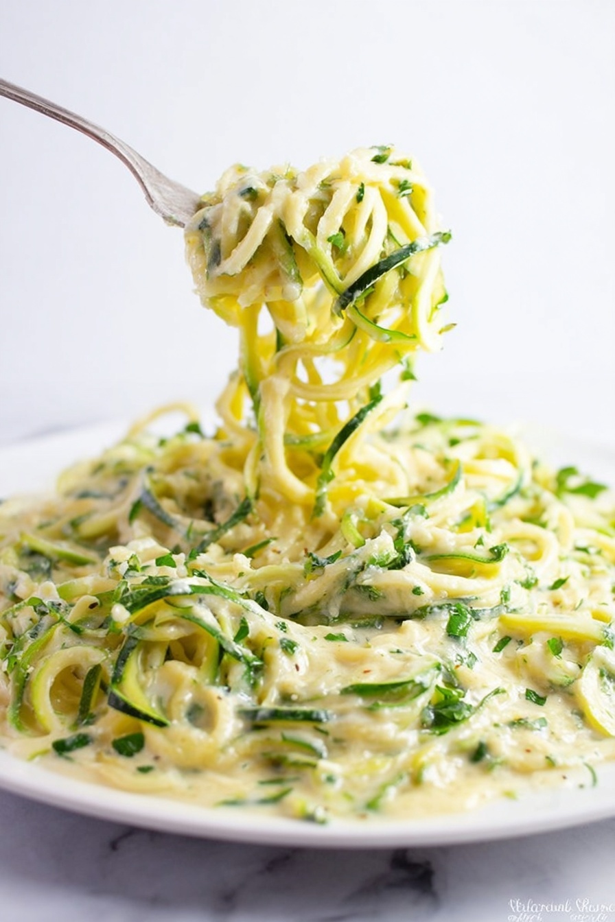 A close-up view of a large white plate filled with spiralized zucchini noodles mixed with a creamy light yellow sauce and sprinkled with small pieces of chopped green herbs, mostly parsley or cilantro. A fork lifts a twirl of the noodles above the plate, showing the long, thin, curly strands coated evenly in the sauce. The background is plain white marbled texture, making the colors of the zucchini and sauce stand out clearly. photo taken with an iphone --ar 2:3 --v 7 - Zucchini Alfredo, Low-Carb Dinner, Healthy Pasta Alternatives, Gluten-Free Zucchini Noodles, Creamy Vegetable Alfredo