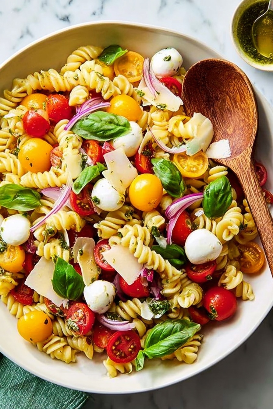 The dish is a colorful pasta salad served in a white bowl on a white marbled surface. It has three main layers visually: the bottom layer is light yellow spiral pasta filling the bowl, the middle layer is made up of vibrant red and yellow cherry tomato halves along with small white mozzarella balls scattered evenly, and the top layer consists of fresh green basil leaves, thin slices of purple onion, and thin white shavings of cheese arranged lightly on top. A wooden spoon rests on the salad, partly submerged among the ingredients. The overall look is fresh, bright, and inviting. Photo taken with an iphone --ar 2:3 --v 7 - Caprese Pasta Salad with Cherry Tomatoes, summer pasta salad, easy Caprese pasta, fresh cherry tomato salad, Italian pasta salad