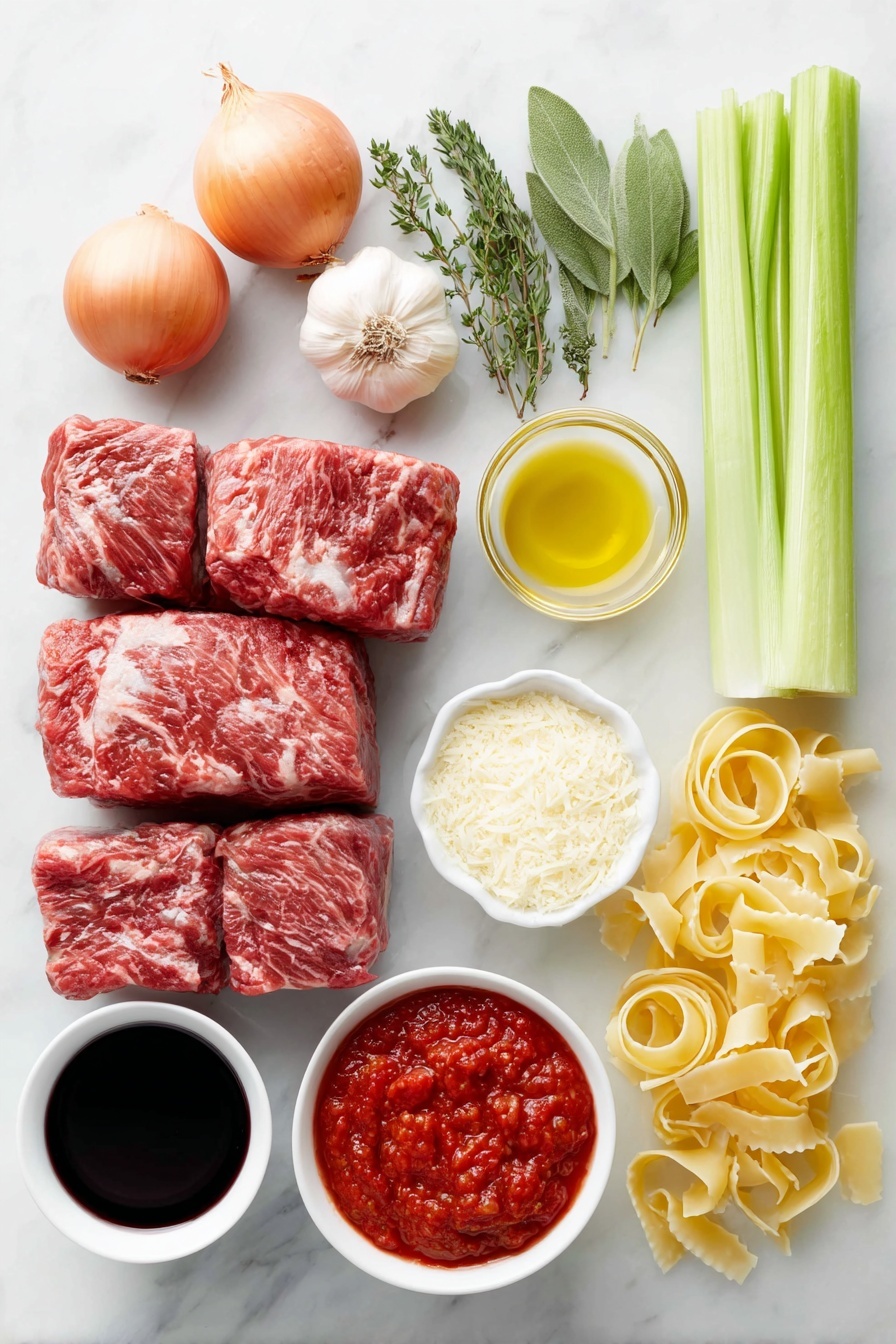 Flat lay of a large chunk of raw chuck beef cut into four pieces, three whole brown garlic cloves, one medium yellow onion peeled and whole, a small bunch of fresh bright orange carrot sticks, a few fresh celery stalks with leaves attached, a small white ceramic bowl filled with crushed ripe red tomatoes, a smaller white bowl with smooth deep red tomato paste, two whole dried bay leaves positioned neatly, three fresh sprigs of green thyme, a small white bowl with golden olive oil, a small white bowl holding a deep red full-bodied red wine, a small white bowl of clear water, a pile of dried pappardelle pasta ribbons arranged flat, a small pile of fresh green parsley leaves, and a small pile of freshly grated pale yellow parmesan cheese, all arranged with perfect symmetry on a clean white marble surface, soft natural light, photo taken with an iPhone, professional food photography style, fresh ingredients, white ceramic bowls, no bottles, no duplicates, no utensils, no packaging --ar 2:3 --v 7 --p m7354615311229779997 - Slow Cooker Beef Ragu Pasta, Beef Ragu, Slow Cooker Recipes, Comforting Pasta Dishes, Easy Beef Pasta