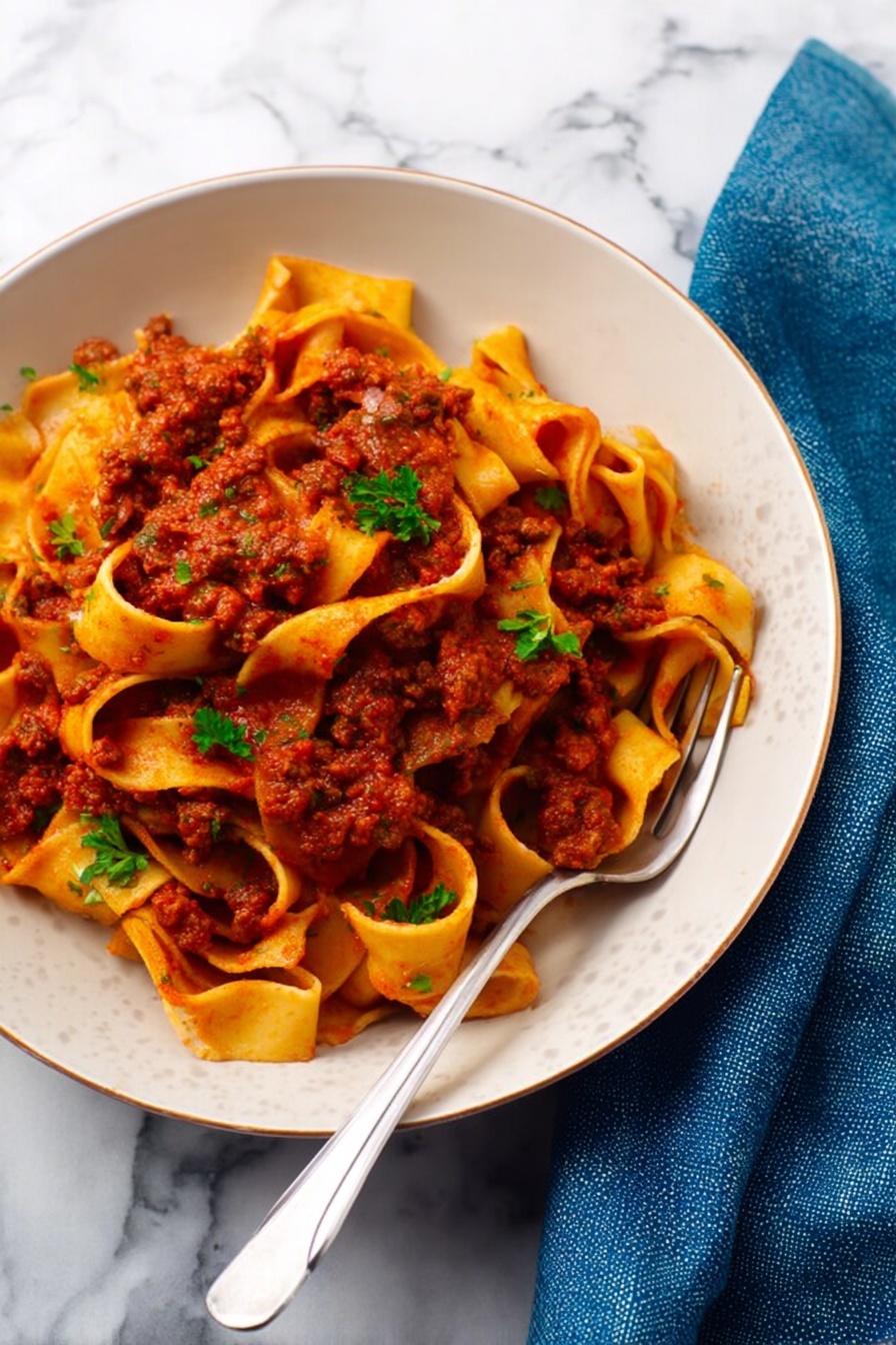 A white bowl filled with wide, flat pasta noodles layered with a thick red meat sauce. The noodles are curled and folded in the bowl, covered unevenly with chunks of sauce showing some texture from the meat. Small green parsley leaves are scattered on top as garnish. A silver fork rests on the edge of the bowl. The bowl is placed on a white marbled surface with a blue cloth napkin beside it. photo taken with an iphone --ar 2:3 --v 7 - Slow Cooker Pappardelle Bolognese, Italian slow cooker recipes, hearty pasta sauce, easy slow cooker dinner, homemade Bolognese sauce