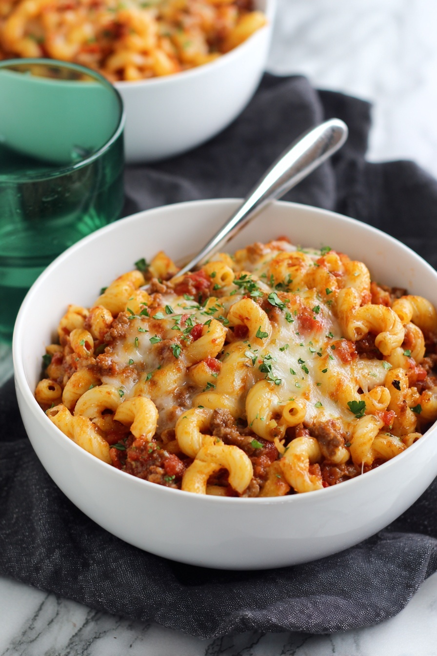 The image shows a white bowl filled with a layered pasta dish. The bottom layer is curly pasta mixed with a red sauce containing small pieces of browned meat. On top, there is melted cheese that is bubbly and slightly browned, sprinkled with finely chopped green herbs. The bowl has a spoon resting inside. In the background, another white bowl holds more of the same pasta dish, and a clear green glass is placed nearby. The setup is on a dark cloth over a white marbled surface. Photo taken with an iphone --ar 2:3 --v 7 - Cheesy Chili Mac, one-pot cheesy chili mac, easy chili mac recipe, hearty comfort food, quick one-pot dinner