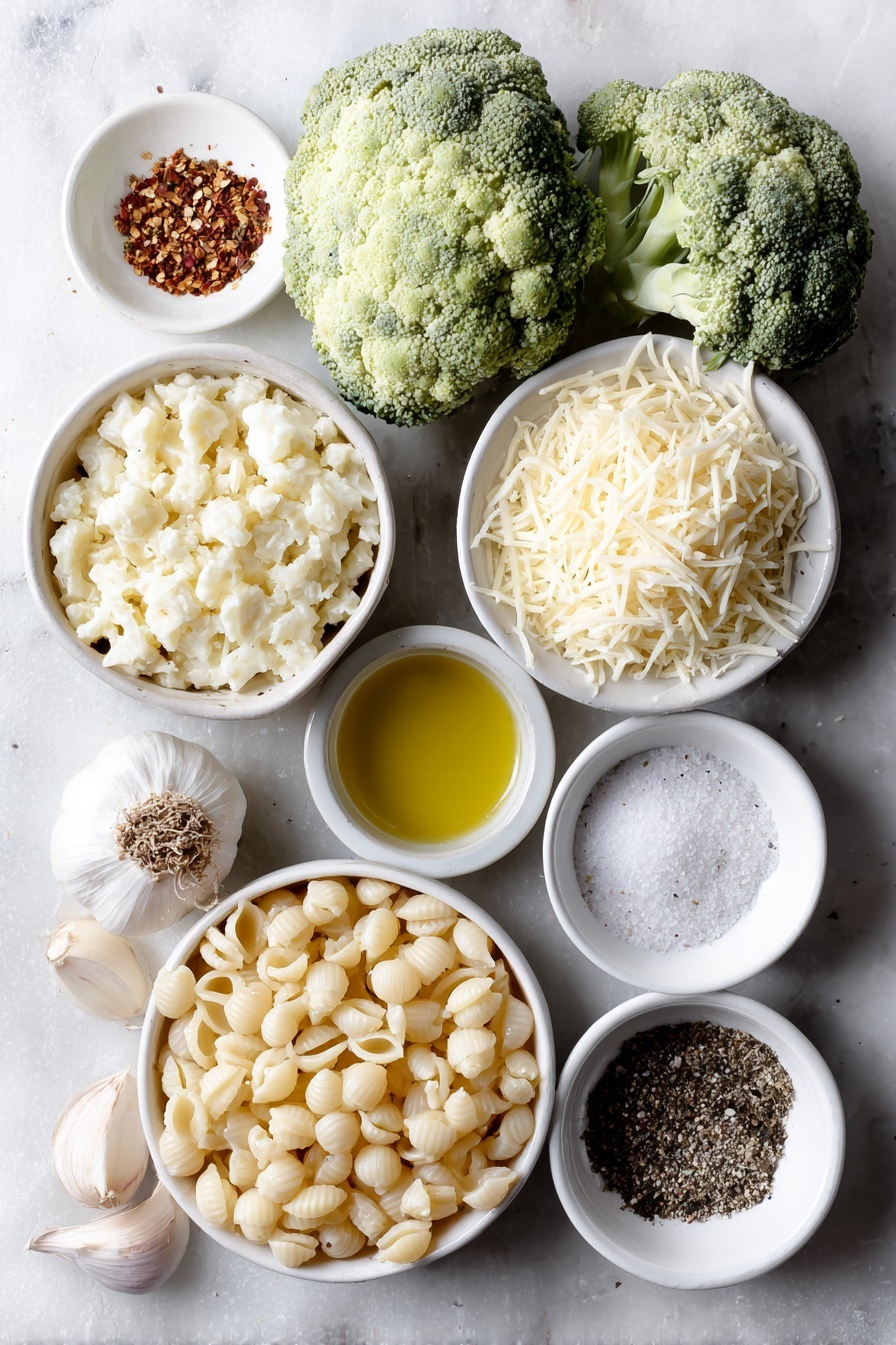 Flat lay of dried small shell pasta, two big fresh broccoli heads, a small white bowl with shredded pale yellow cheese, a small white bowl with grated parmesan cheese, a small white bowl holding bright yellow lemon zest, a small white bowl with fresh lemon juice, a small white bowl filled with golden extra virgin olive oil, two whole uncracked brown garlic cloves, a small white bowl with mixed dried herbs, a small white bowl containing red pepper flakes, a small white bowl with white granulated sugar, a small white bowl with salt, and a small white bowl with black pepper, all arranged in perfect symmetry on a clean white ceramic surface placed on a clean white marble surface, soft natural light, photo taken with an iPhone, professional food photography style, fresh ingredients, white ceramic bowls, no bottles, no duplicates, no utensils, no packaging --ar 2:3 --v 7 --p m7354615311229779997 - Quick Broccoli Pasta with Lemon and Cheese, healthy broccoli pasta, easy lemon pasta recipe, quick weeknight dinner ideas, cheesy garlic pasta