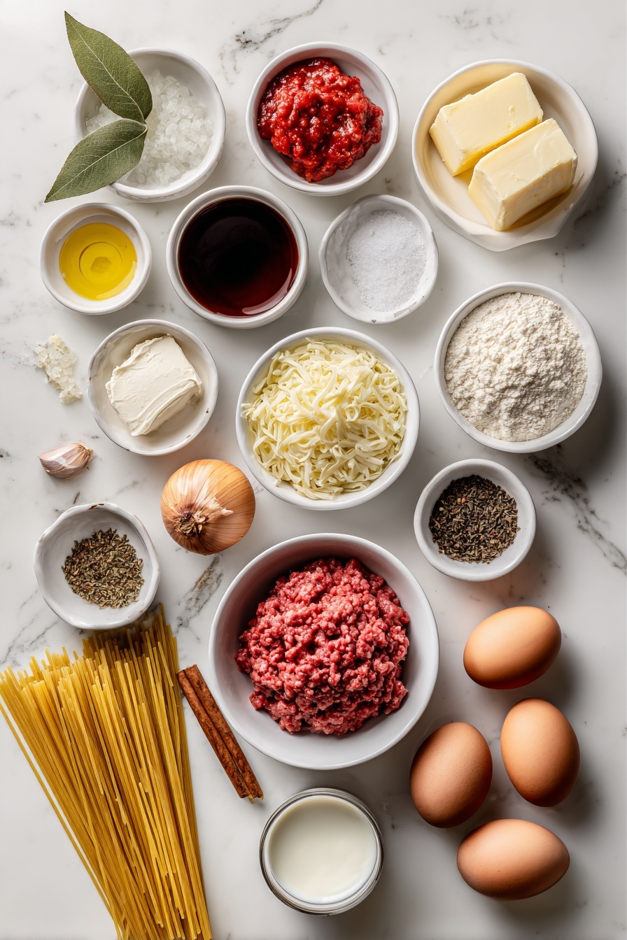 Flat lay of small white ceramic bowls containing golden olive oil, finely minced garlic cloves, finely chopped red onions, a mound of fresh raw ground beef, small bowl of dry red wine, crushed ripe red tomatoes in a white bowl, crumbled beef bouillon cubes, a dollop of deep red tomato paste, a single glossy bay leaf, a cinnamon stick beside a small pile of cinnamon powder, a small pinch of ground cloves, granulated white sugar in a bowl, black peppercorns beside fine salt crystals, a slab of unsalted butter, plain all purpose flour in a bowl, whole milk in a small white bowl, freshly grated nutmeg, finely shredded pale yellow kefalotyri cheese, two whole uncracked brown eggs, uncooked golden yellow Pastitsio No. 2 Greek bucatini pasta strands neatly arranged, crumbled white feta cheese, two whole uncracked white eggs, finely grated pale yellow kefalotyri cheese all arranged symmetrically and proportionally, placed on a clean white marble surface, soft natural light, photo taken with an iPhone, professional food photography style, fresh ingredients, white ceramic bowls, no bottles, no duplicates, no utensils, no packaging --ar 2:3 --v 7 --p m7354615311229779997 - Greek Pastitsio Pasta Bake, Greek pasta bake, Pastitsio casserole, Mediterranean pasta dish, Greek baked pasta