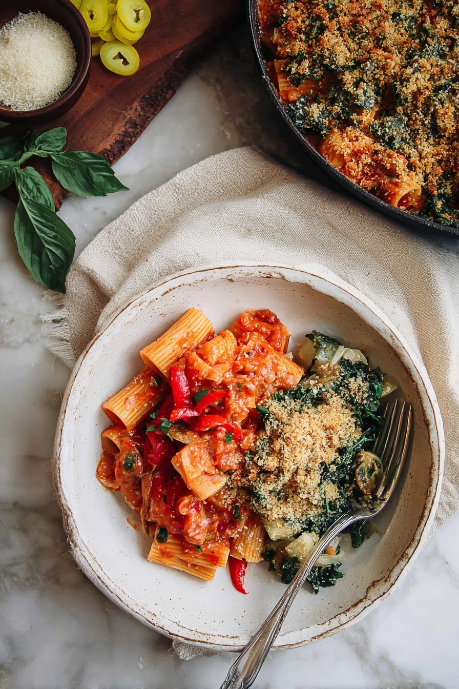 The dish is served in a large white rustic ceramic bowl placed on a white marbled surface with a beige cloth underneath. The bowl is divided into two main layers: on the left side, there is a layer of rigatoni pasta coated in a bright red tomato sauce with visible pieces of red bell pepper and scattered herbs, giving it a slightly chunky and textured look. On the right side, there is a layer of cooked leafy greens mixed with small chunks of pale vegetables, topped with a generous layer of golden-brown toasted breadcrumbs that add a crispy texture. A silver fork rests inside the bowl on the right side. In the background, there is a round black skillet filled with the same breadcrumb-topped greens, a small dark brown bowl of grated cheese, a few slices of yellow pickled peppers, and fresh basil leaves on a wooden board. Photo taken with an iphone --ar 2:3 --v 7 - Spicy Chicken Riggies, Spicy Chicken Riggies Pasta, Chicken Riggies with Cherry Peppers, Easy Chicken Riggies Recipe, Creamy Spicy Pasta Dish