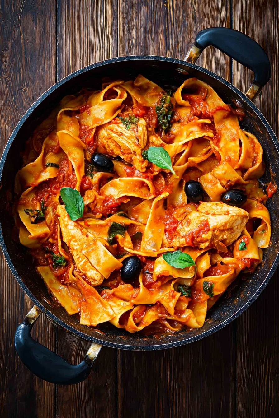 A black pan with two black handles holds a dish of wide, flat pasta ribbons mixed in a thick red tomato sauce. Two pieces of cooked chicken, golden brown and firm, sit among the pasta. Scattered black olives and small green leaves, likely basil, add contrast to the deep orange-yellow pasta and red sauce. The pan rests on a dark wooden surface. photo taken with an iphone --ar 2:3 --v 7 - Chicken Cacciatore Pasta, Chicken Cacciatore Italian dish, flavorful chicken pasta, easy chicken pasta recipe, hearty tomato chicken pasta