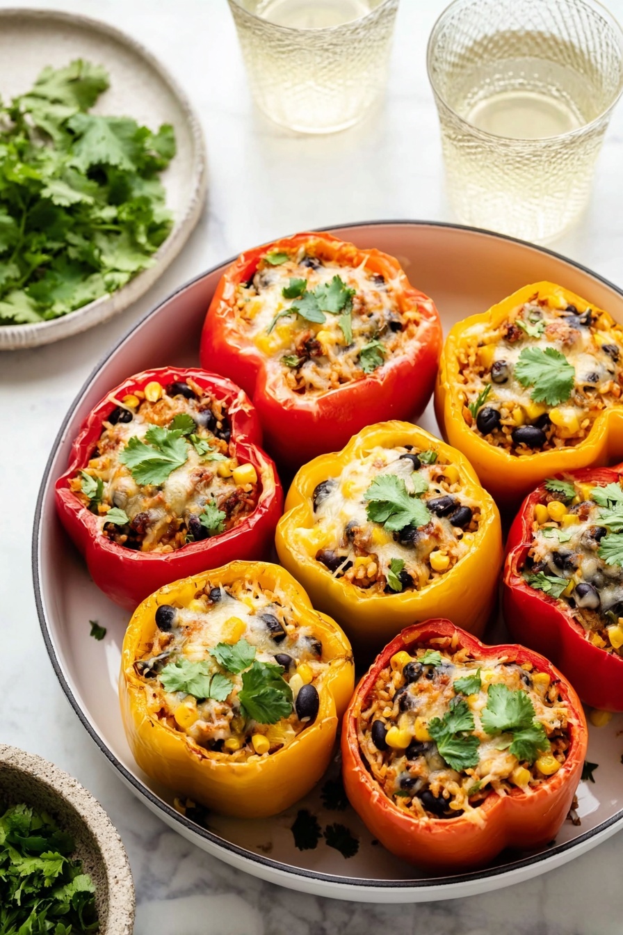 A white round pan filled with nine stuffed bell peppers, arranged closely together in three rows. The bell peppers are red, yellow, and orange, with their tops removed, showing a filling of black beans, corn, rice, melted cheese, and small green herb leaves on top. Each pepper is filled to the brim with a mix of these colorful ingredients, and the melted cheese adds a light golden texture. Some fresh green herb leaves, likely cilantro, are placed on each pepper as garnish. The pan sits on a white marbled surface, with a small bowl of cilantro to the side and two textured clear glasses of light-colored drink in the background. Photo taken with an iphone --ar 2:3 --v 7 - Mexican Stuffed Bell Peppers, stuffed bell peppers recipe, Mexican peppers, healthy stuffed peppers, easy Mexican stuffed peppers