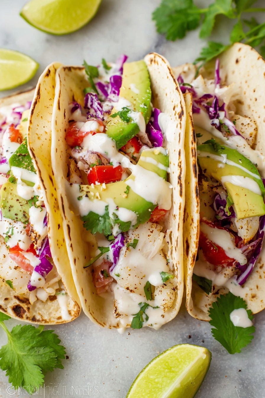 Four tacos are placed on a white oval plate with a blue rim, resting on a white marbled surface. Each taco has three layers of soft, light golden tortillas curved to hold the fillings inside. The bottom layer is grilled fish with a lightly browned texture. On top of the fish is a colorful layer of chopped purple cabbage and small pieces of fresh red tomato. The next layer consists of green avocado chunks and fresh green cilantro leaves scattered across. A generous sprinkle of white crumbly cheese covers the whole taco filling. Four lime wedges are placed on the left side of the plate, and two halves of a lime are on the marbled surface near the bottom right corner. Photo taken with an iphone --ar 2:3 --v 7 - Fish Tacos with Cilantro Lime Sauce, fish tacos recipe, fish tacos with lime sauce, easy fish tacos, flavorful fish taco ideas