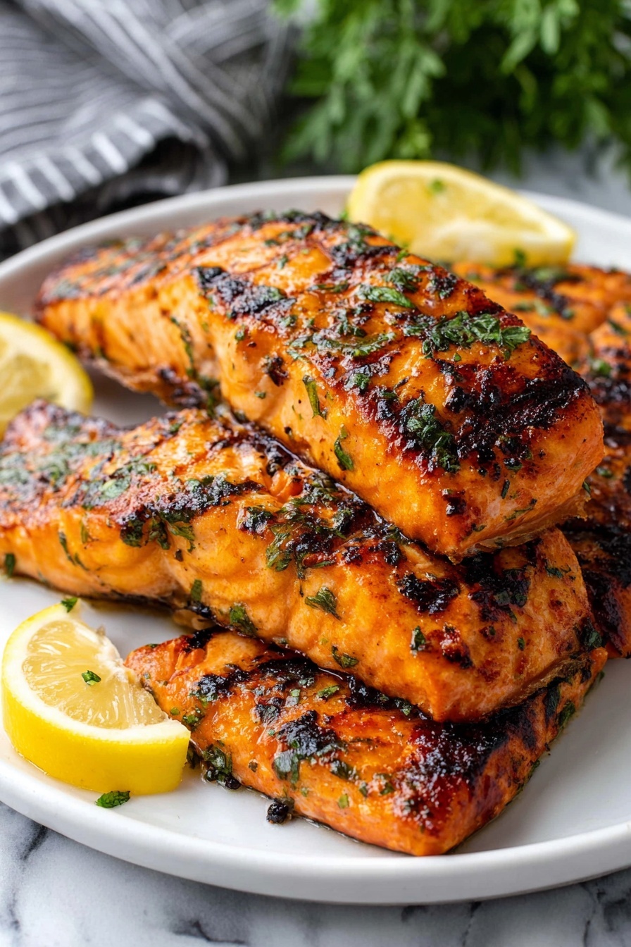 The image shows a white plate filled with four grilled salmon fillets stacked in a slightly overlapping way. The salmon has a rich orange color with darker char marks and small green herb pieces sprinkled all over. The surface of the salmon looks shiny with oil. On top and to the side of the fish, there are two lemon wedges with a fresh yellow color. The plate is placed on a white marbled surface with a blurred green plant and a gray striped cloth in the background. photo taken with an iphone --ar 2:3 --v 7 - Grilled Salmon with Savory Marinade, grilled salmon recipe, easy salmon marinade, healthy grilled salmon, flavorful seafood dishes