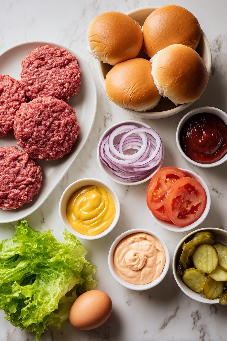 Flat lay of fresh raw ground beef formed into round patties, four soft golden burger buns with fluffy interiors, crisp green torn romaine lettuce leaves, thick red tomato slices, delicate rings of purple-red onion, thin slices of vibrant green gherkins, eight whole brown eggs with clean shells in a simple white ceramic bowl, small white ceramic bowls each containing creamy orangey-pink special burger sauce, rich red ketchup, smooth yellow mustard, and glossy dark red tomato chutney, all arranged with perfect symmetry and balanced proportions on a clean white marble surface, soft natural light, photo taken with an iPhone, professional food photography style, fresh ingredients, white ceramic bowls, no bottles, no duplicates, no utensils, no packaging --ar 2:3 --v 7 --p m7354615311229779997 - Juicy Cheeseburger with Special Sauce, Cheeseburger recipe, Juicy burger with special sauce, Best cheeseburger, Easy burger recipe