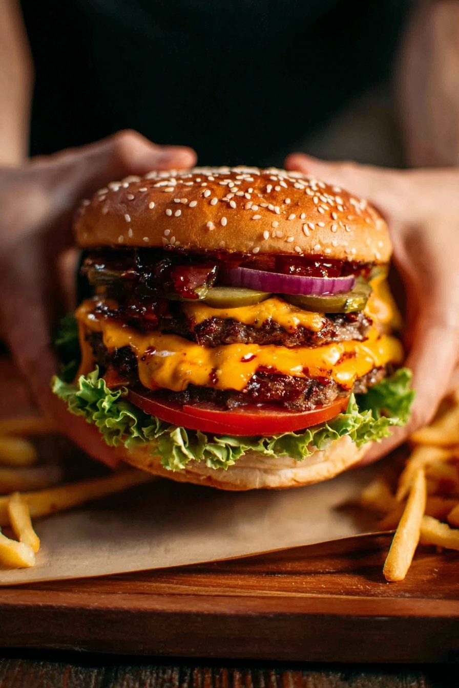 A large cheeseburger held by a pair of woman's hands sits on a wooden board with some golden fries on the side. The burger has a top sesame seed bun that is light brown with white seeds. Below it is a layer of dark red sauce and slices of purple onion. There are green pickle slices under the onions. Two thick beef patties with melted orange cheddar cheese cover the pickle layer. Beneath the patties is a thick slice of red tomato and a green leafy lettuce layer resting on the bottom bun. The scene has a warm, rich color with the burger as the clear focus. The photo taken with an iphone --ar 2:3 --v 7 - Juicy Cheeseburger with Special Sauce, Cheeseburger recipe, Juicy burger with special sauce, Best cheeseburger, Easy burger recipe