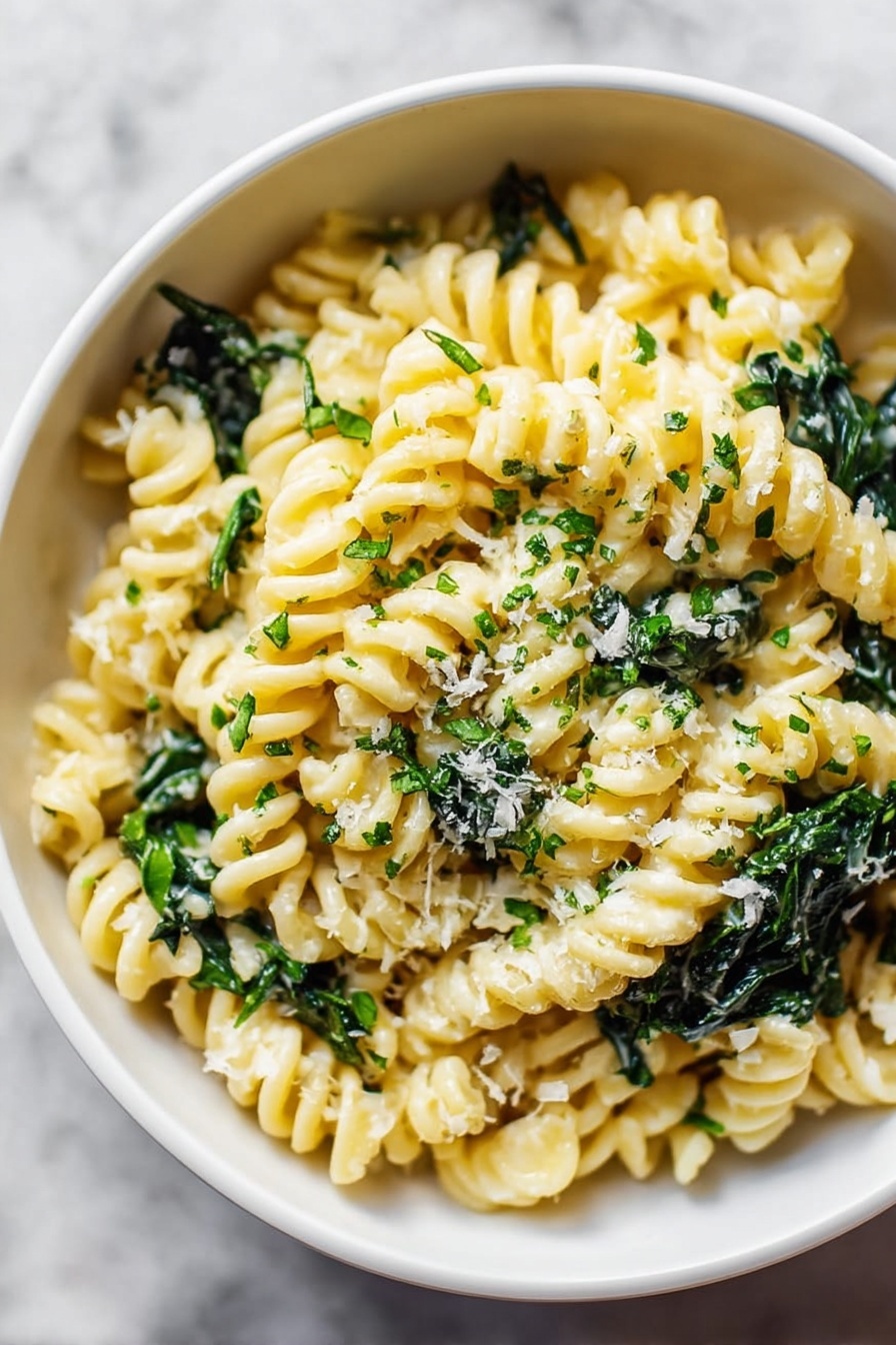 A close-up view of a bowl filled with short spiral pasta in a creamy light yellow sauce mixed with dark green leafy vegetables. The pasta is well coated and sprinkled lightly with small bits of grated white cheese and tiny chopped green herbs. The bowl is white and sits on a white marbled surface, and the overall look is fresh and simple. photo taken with an iphone --ar 2:3 --v 7 - Creamy Spinach Goat Cheese Pasta, spinach goat cheese pasta, creamy goat cheese pasta, easy spinach pasta, quick vegetarian pasta