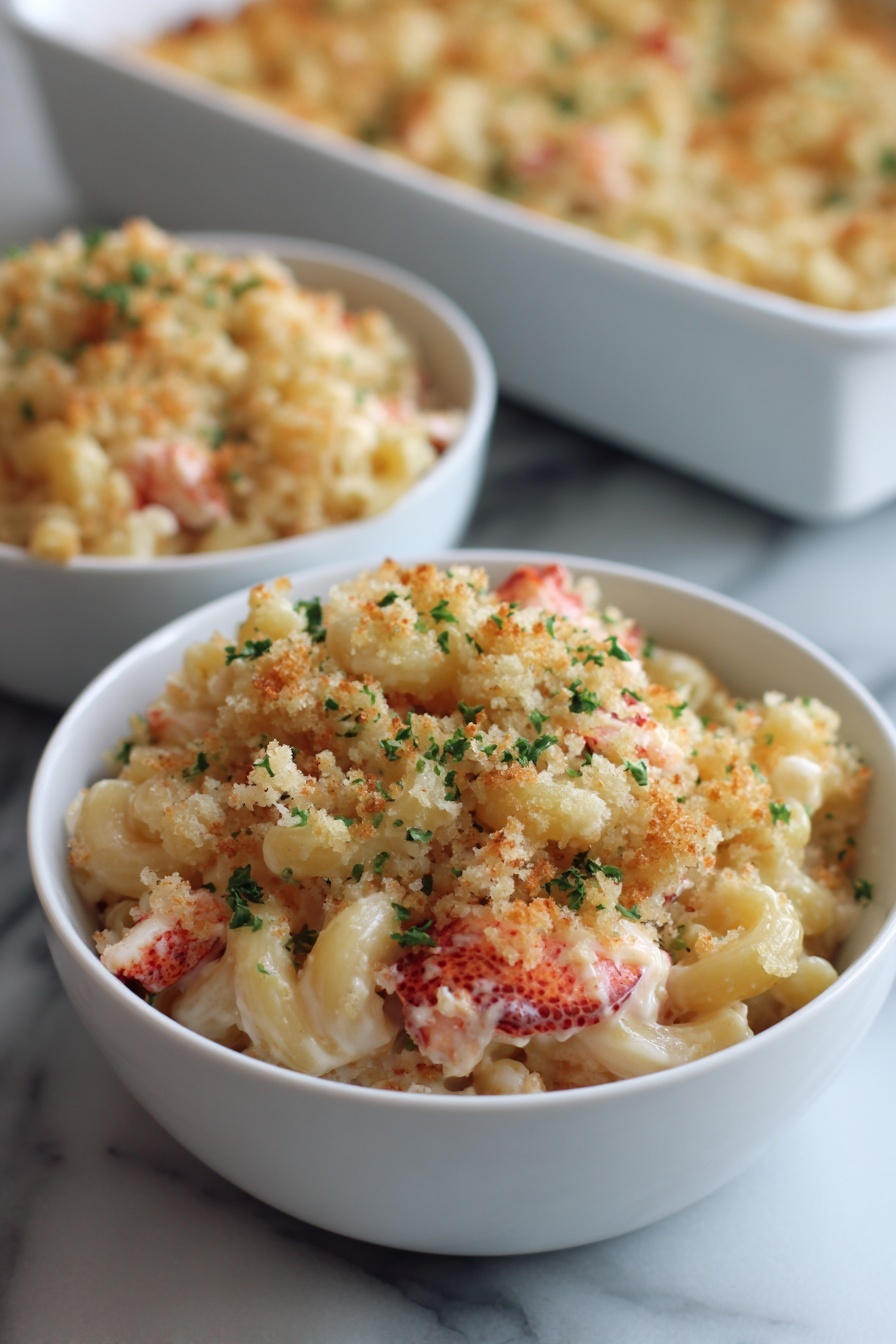 A white bowl filled with three layers: the bottom layer has small pieces of cooked lobster in a pinkish-red color, the middle layer is creamy and pale yellow mac and cheese sauce coating spiral pasta, and on top is a golden brown crunchy crumb topping with small green parsley bits scattered for garnish. In the background, there is another bowl with similar mac and cheese and a white baking dish filled with more of the same dish, all placed on a white marbled surface. photo taken with an iphone --ar 2:3 --v 7 - Creamy Lobster Mac and Cheese, luxurious seafood pasta, decadent lobster pasta recipes, easy gourmet mac and cheese, lobster cheese dish