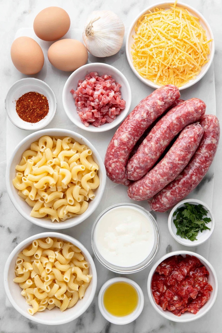 Flat lay of fresh uncooked cavatappi pasta spilling slightly from a simple white ceramic bowl, three whole uncracked brown eggs nestled nearby, a small white bowl filled with bright orange smoked cheddar cheese shreds, a mound of raw chorizo sausage without casing on a white plate, half a shallot whole and showing clean smooth skin, three glossy red chipotle chiles resting beside a small white bowl of finely chopped chipotle in adobo sauce, a small white bowl with golden extra-virgin olive oil, another small white bowl containing creamy whole milk, a handful of fresh bright green cilantro sprigs, a white ceramic bowl with golden brown toasted bread crumbs, a small white bowl filled with bright red diced fire roasted tomatoes (drained), three cloves of fresh garlic with papery skin intact, a small white bowl of fine paprika powder, a small white bowl with sifted white flour, and a whole stick of butter still solid and uncut—arranged with perfect symmetry and natural proportions, placed on a clean white marble surface, soft natural light, photo taken with an iPhone, professional food photography style, fresh ingredients, white ceramic bowls, no bottles, no duplicates, no utensils, no packaging --ar 2:3 --v 7 --p m7354615311229779997 - Chorizo Mac and Cheese, spicy mac and cheese, cheesy chorizo pasta, easy mac and cheese recipes, Tex-Mex mac and cheese