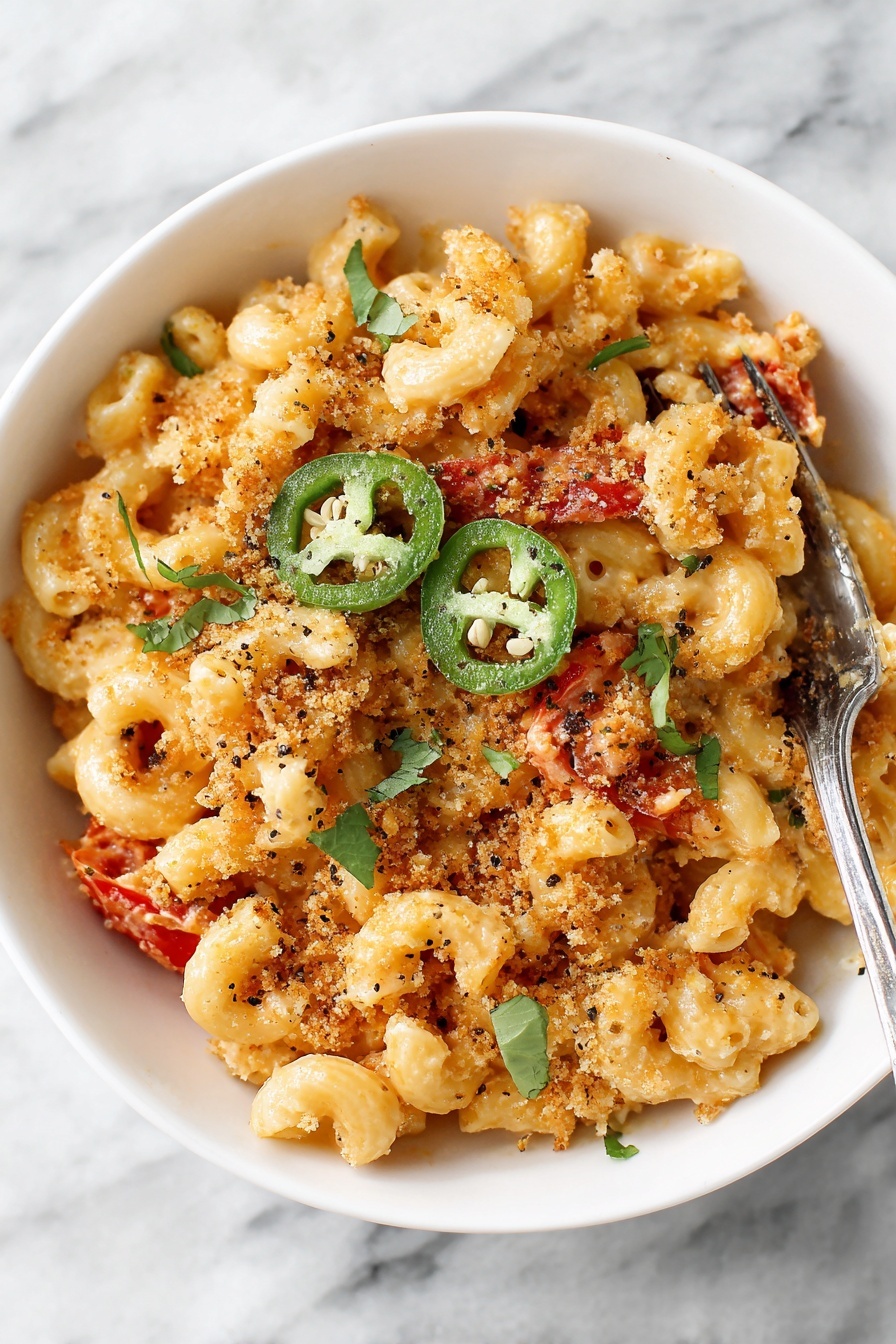 A white bowl filled with a creamy macaroni dish made of spiral pasta covered in a light orange sauce, mixed with pieces of red tomatoes and browned bits. The pasta is topped with a crumbly golden-brown topping and black pepper, with three slices of green jalapeno peppers and a few green cilantro leaves scattered on top. A silver fork is placed in the bowl, resting on the pasta. The bowl is set on a white marbled surface. photo taken with an iphone --ar 2:3 --v 7 - Chorizo Mac and Cheese, spicy mac and cheese, cheesy chorizo pasta, easy mac and cheese recipes, Tex-Mex mac and cheese