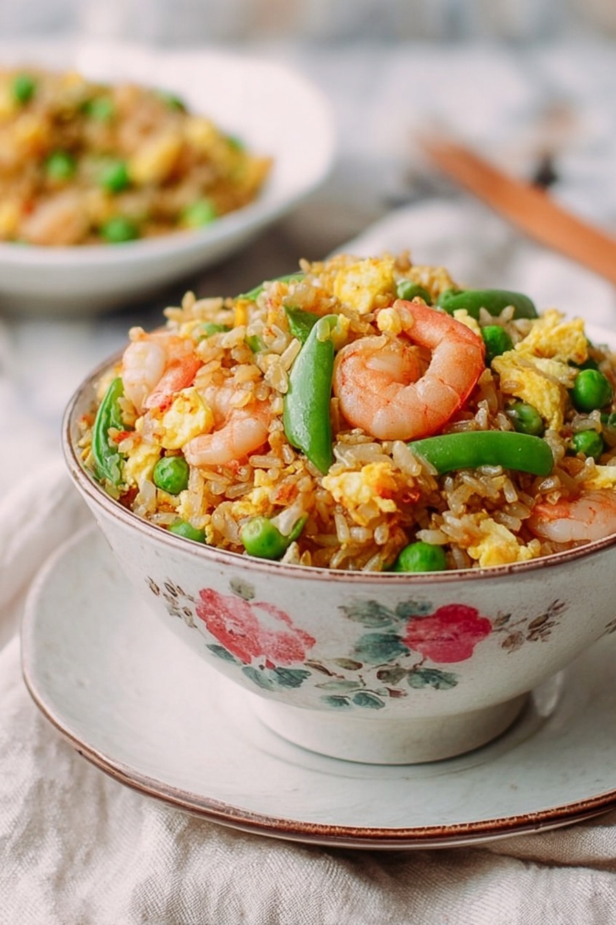 A bowl filled with fried rice piled high shows many layers: the base is light brown fried rice mixed with scrambled egg pieces that are yellow and soft; scattered on top are bright green snap peas cut into small pieces and pink-orange cooked shrimp dotted around. The bowl is white with a floral design and sits on a matching white saucer on a white marbled surface with a cloth underneath. In the background, there is a blurred smaller bowl with more of the same fried rice. Photo taken with an iphone --ar 2:3 --v 7 - Shrimp Fried Rice, easy shrimp fried rice, homemade shrimp fried rice, savory shrimp fried rice, quick shrimp fried rice