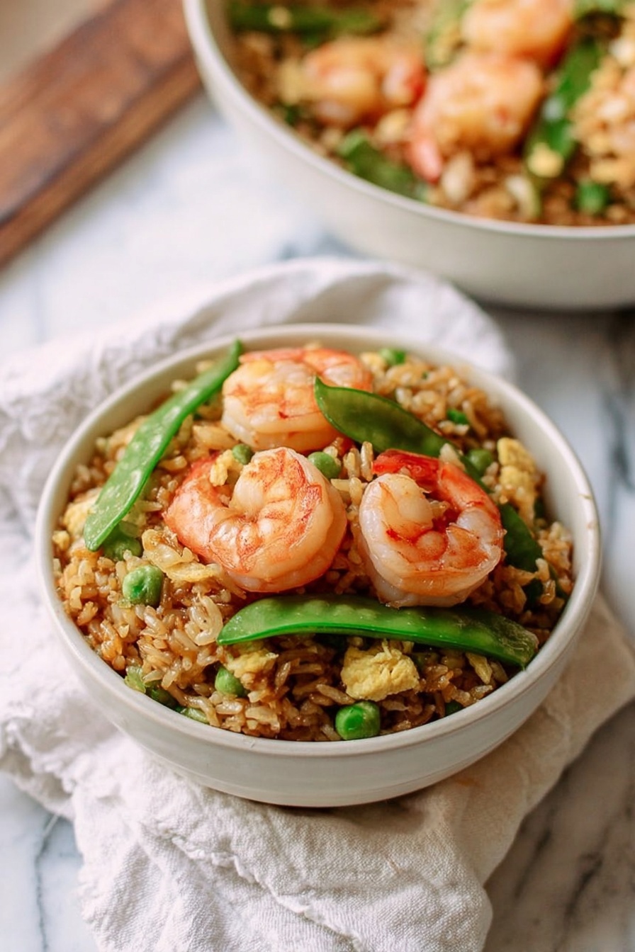 A white bowl filled with three layers: the bottom and middle layers are fluffy, brown fried rice with bits of egg and green herbs mixed in, and the top layer has bright pink cooked shrimp and fresh green snap peas scattered evenly. The bowl sits on a piece of white cloth with a slightly visible pattern, all set on a white marbled surface. In the background, there is a larger white bowl filled with the same shrimp and rice dish, slightly blurred. Photo taken with an iphone --ar 2:3 --v 7 - Shrimp Fried Rice, easy shrimp fried rice, homemade shrimp fried rice, savory shrimp fried rice, quick shrimp fried rice