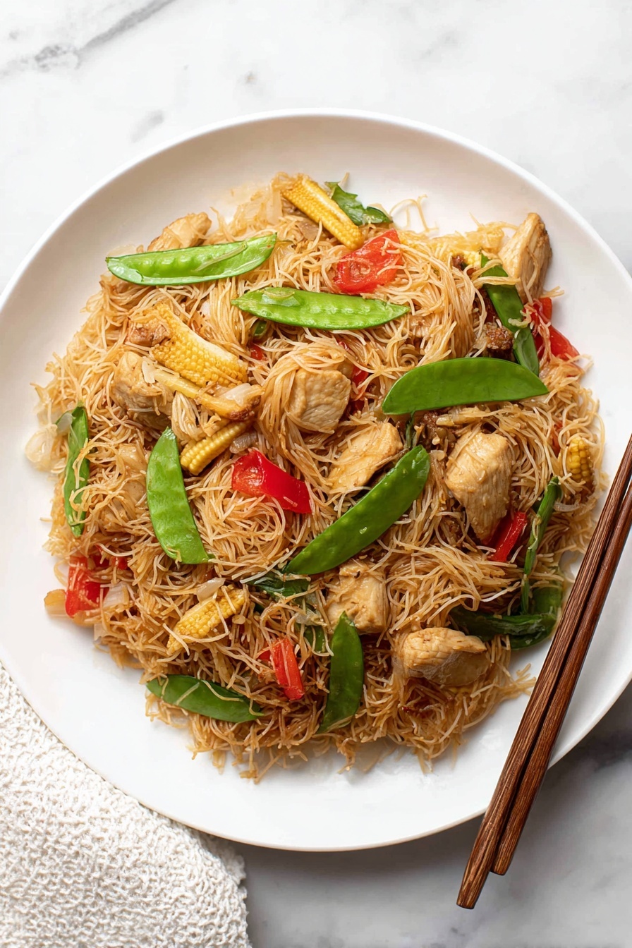 The dish shows a single layer of thin brown rice noodles mixed with pieces of light brown cooked chicken, small baby corn slices, bright green snap peas, red bell pepper slices, and bits of translucent cooked onion on a white plate. The plate is placed on a white marbled surface. To the right of the plate, there are two brown wooden chopsticks resting diagonally. A white textured cloth is partially visible at the bottom left corner of the image. photo taken with an iphone --ar 2:3 --v 7 - Singapore Curry Noodles with Chicken, Singapore Curry Noodles, Curry Noodles with Chicken, Asian Curry Noodles, Quick Curry Noodle Recipe