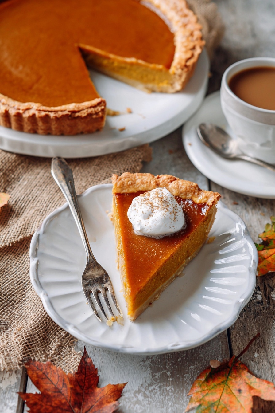 The image shows a slice of pumpkin pie on a white scalloped plate with a silver fork resting on the plate's left side. The pie slice has a thick, golden-brown crust and a smooth, deep orange filling, topped with a dollop of whipped cream. Behind the plate, a whole pumpkin pie with one slice removed is placed on a white marbled surface, revealing the same deep orange filling and flaky crust. Around the plate and pie, there are autumn leaves and a rustic burlap cloth, while to the right, there is a white cup and saucer holding a warm brown beverage with a silver spoon. The scene captures cozy fall vibes with warm colors and textures. photo taken with an iphone --ar 2:3 --v 7 - Butternut Squash Pie, Autumn Pie Recipes, Fall Dessert Ideas, Cozy Pumpkin Pies, Seasonal Pumpkin Desserts
