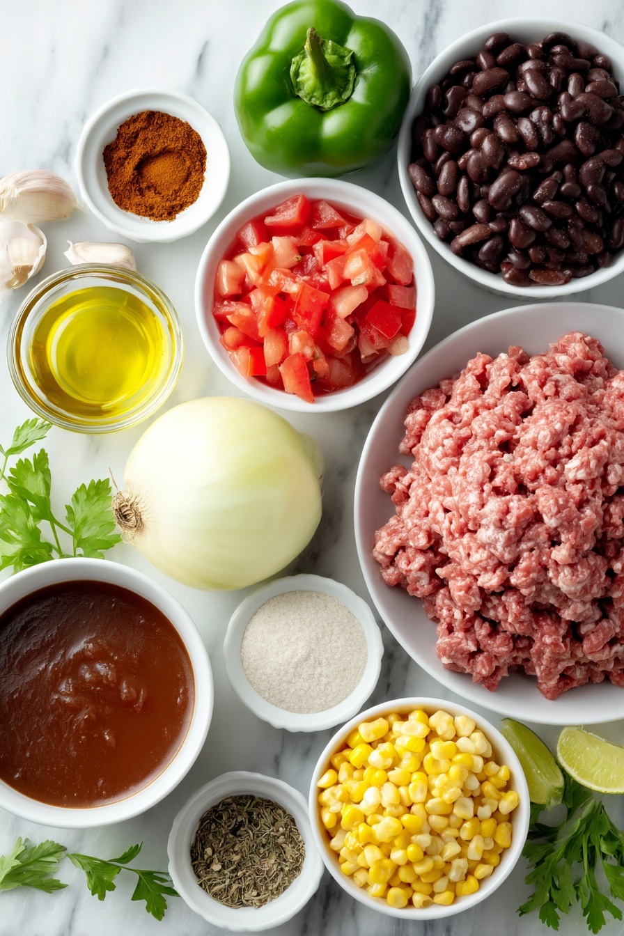 Flat lay of a small drizzle of golden olive oil in a simple white ceramic bowl, a mound of fresh raw lean ground beef, a whole medium yellow onion with bright papery skin, two uncracked brown garlic cloves, one glossy green jalapeno pepper, a small white bowl filled with diced ripe red tomatoes mixed with green chiles, a small white bowl with rich dark beef broth, a small white bowl containing smooth red tomato sauce, a small white bowl holding warm reddish-brown chili powder, another small white bowl with light brown ground cumin, a small white bowl with deep rusty ground paprika, a small white bowl of dried oregano leaves, a small white bowl filled with pale ranch dressing powder, fresh green cilantro sprigs, a halved bright green lime, a small heap of bright yellow frozen corn kernels, a small portion of glossy black beans, a small portion of light tan pinto beans, and a small pile of shredded Mexican blend cheese, all arranged with perfect symmetry on a clean white marble surface, soft natural light, photo taken with an iPhone, professional food photography style, fresh ingredients, white ceramic bowls, no bottles, no duplicates, no utensils, no packaging --ar 2:3 --v 7 --p m7354615311229779997 - Hearty Taco Soup, Taco Soup Recipe, Easy Taco Soup, Flavorful Taco Soup, Comforting Taco Soup