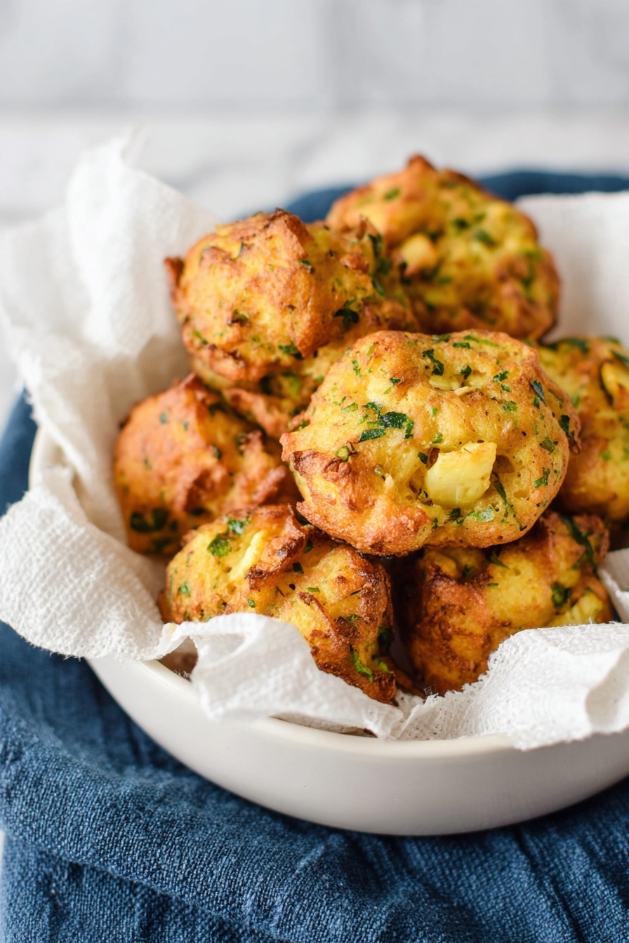 A white bowl lined with white parchment paper holds several round, golden-brown fritters with a rough texture. The fritters show flecks of green herbs and small pieces of light yellow vegetables mixed into the dough. The fritters have a crispy outer layer with some darker browned spots, giving them a homemade look. The bowl sits on a dark blue cloth atop a white marbled surface, creating a clean and simple background. Photo taken with an iphone --ar 2:3 --v 7 - Baked Stuffing Balls, stuffed side dish, holiday appetizer, savory stuffing bites, easy stuffing snacks