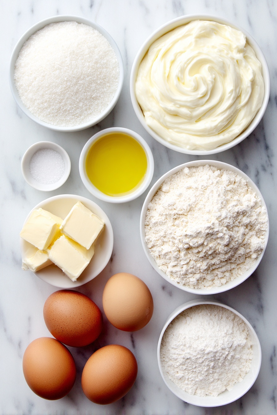 Flat lay of a small white ceramic bowl of creamy plain yogurt, a small white ceramic bowl of granulated sugar, three large whole brown eggs with clean shells, a small white ceramic bowl of golden neutral oil, a small white ceramic bowl of all-purpose flour, a small white ceramic bowl of baking powder, a small white ceramic bowl of fine salt, a few small cubes of golden salted butter, a small white ceramic bowl of clear water, a small white ceramic bowl of vanilla extract, a small white ceramic bowl of almond extract, all arranged with perfect symmetry and balanced proportions, placed on a clean white marble surface, soft natural light, photo taken with an iPhone, professional food photography style, fresh ingredients, white ceramic bowls, no bottles, no duplicates, no utensils, no packaging --ar 2:3 --v 7 --p m7354615311229779997 - French Butter Cake, buttery tender cake, easy French cake recipe, moist butter cake, bakery-style cake