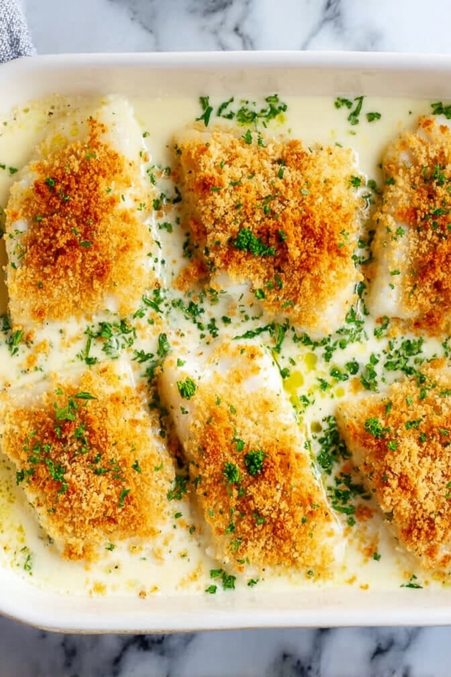 A white rectangular dish filled with a creamy white sauce layer that looks smooth and thick. On top, six pieces of fish with a golden-brown crumb layer spread evenly across each piece. The fish pieces are arranged in two rows of three. Green chopped herbs are sprinkled over the fish and sauce, adding a fresh color contrast. The surface under the dish has a white marbled texture. photo taken with an iphone --ar 2:3 --v 7 - Creamy Baked Cod with Garlic and Parmesan, baked cod with garlic and parmesan, creamy seafood dinner, easy baked cod recipe, flavorful fish dinner