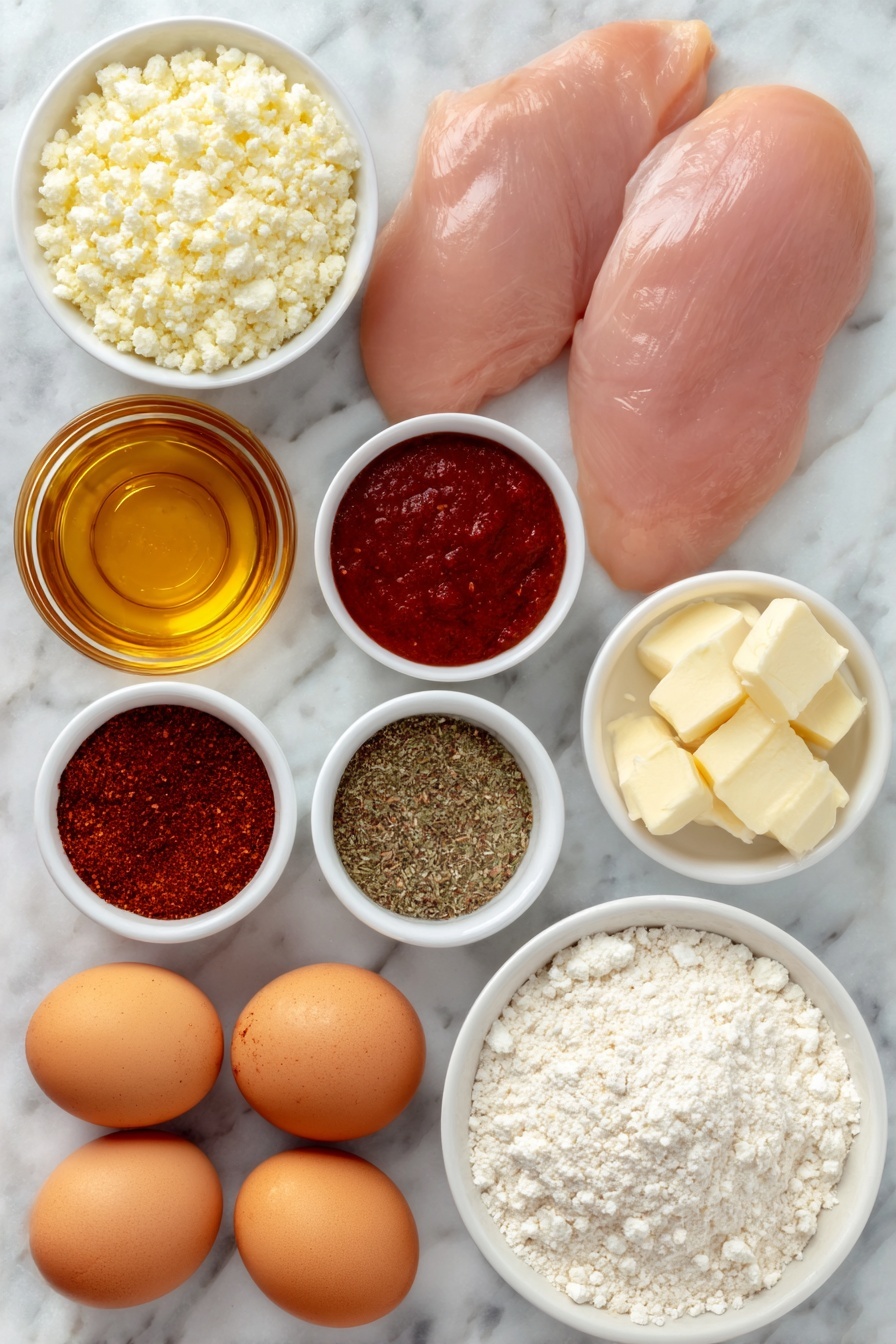 Flat lay of a small white ceramic bowl of golden honey, a small white ceramic bowl of bright red hot sauce, a small white ceramic bowl of deep red chili flakes, two whole raw chicken breasts with natural pink tones, a small white ceramic bowl of rich red paprika powder, a small white ceramic bowl of coarse white plain flour, two whole uncracked brown eggs, a small white ceramic bowl of pale beige panko breadcrumbs, a small white ceramic bowl of crumbly white feta cheese, and a small white ceramic bowl of mixed dried spices including salt, onion powder, garlic powder, dried oregano, black pepper, and cayenne pepper, each ingredient fresh and natural, arranged in perfect symmetry on a clean white marble surface, soft natural light, photo taken with an iPhone, professional food photography style, fresh ingredients, white ceramic bowls, no bottles, no duplicates, no utensils, no packaging --ar 2:3 --v 7 --p m7354615311229779997 - Crispy Chicken with Hot Honey and Feta, crispy chicken recipe, hot honey glaze, feta cheese chicken, easy dinner ideas