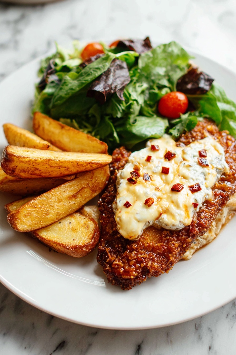 A white plate holds a meal with three main parts: on the right, a crispy brown fried item topped with a thick, creamy white layer that has a slightly melted texture and small red chili flakes scattered on top; on the left side, golden brown potato wedges with a crunchy look stacked next to each other; at the top of the plate, a fresh green salad made of leafy greens and small red tomato pieces. The plate sits on a white marbled surface. Photo taken with an iphone --ar 2:3 --v 7 - Crispy Chicken with Hot Honey and Feta, crispy chicken recipe, hot honey glaze, feta cheese chicken, easy dinner ideas