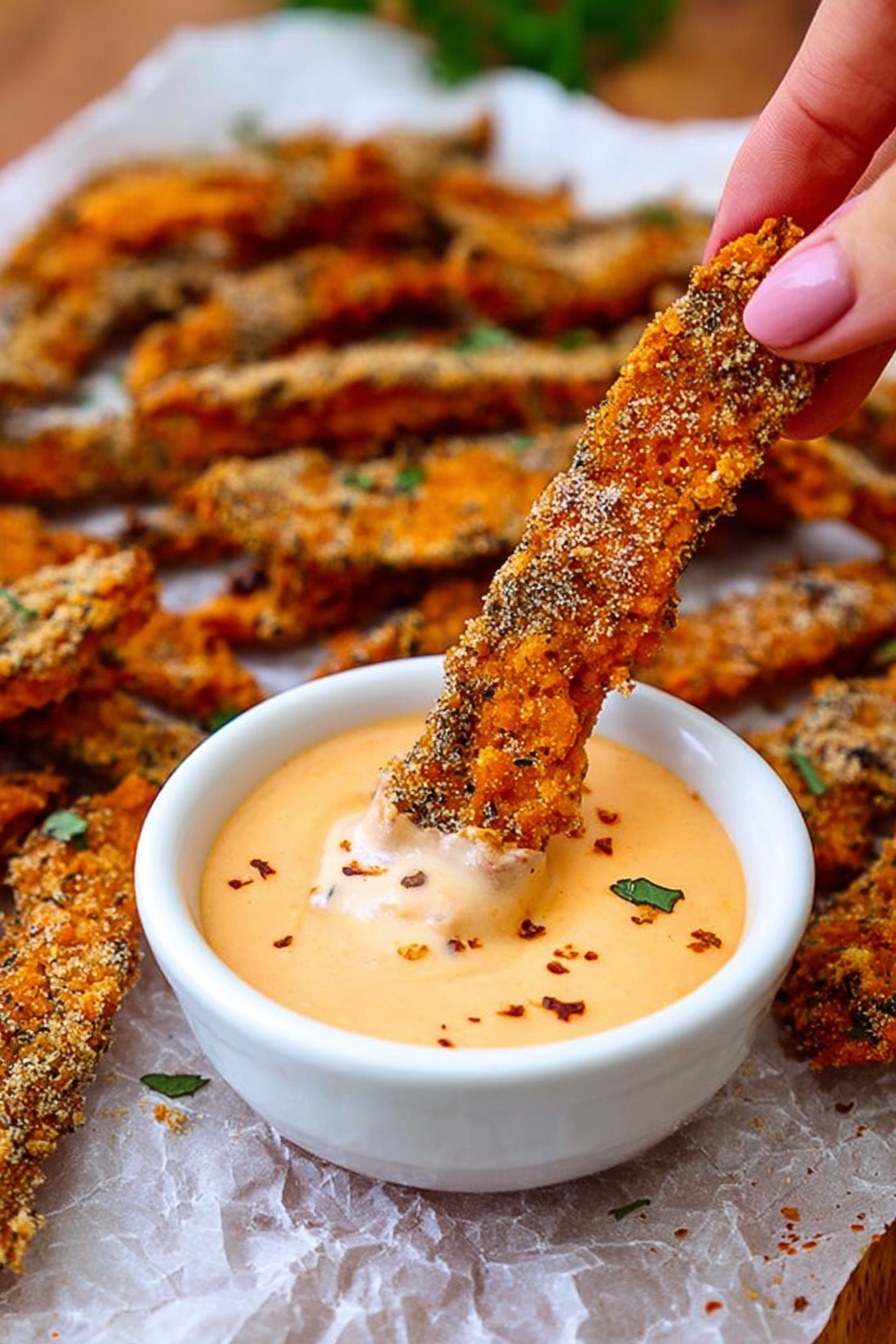 A woman's hand is holding a long, crunchy, orange-brown fried strip seasoned with herbs and spices, partially dipped into a small round white bowl filled with creamy light orange dipping sauce with visible pepper flakes. Underneath, a white marbled surface is covered with crinkled parchment paper holding many more of the same seasoned, fried strips scattered around, all with a rough, crispy texture and garnished with small green herb pieces. photo taken with an iphone --ar 2:3 --v 7 - Garlic Parmesan Sweet Potato Wedges, crispy sweet potato fries, baked sweet potato snacks, healthy garlic parmesan sides, easy sweet potato recipes